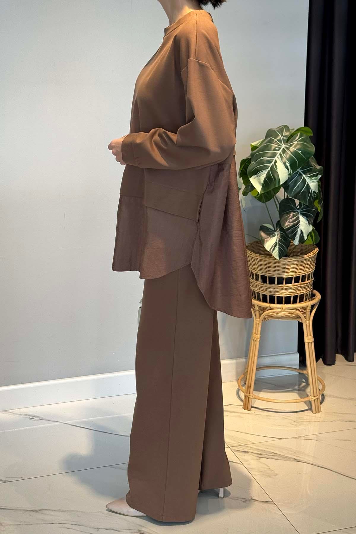 Önü Gold Düğme Detaylı Pantolonlu Takım 6931 Camel