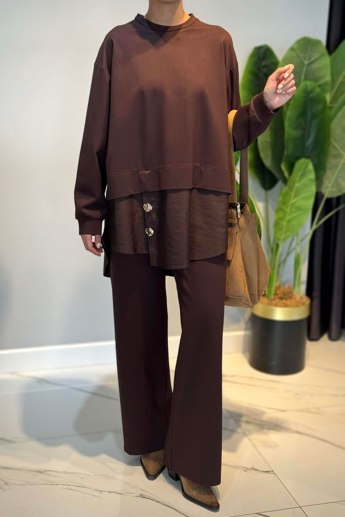 Önü Gold Düğme Detaylı Pantolonlu Takım 6931 Kahverengi