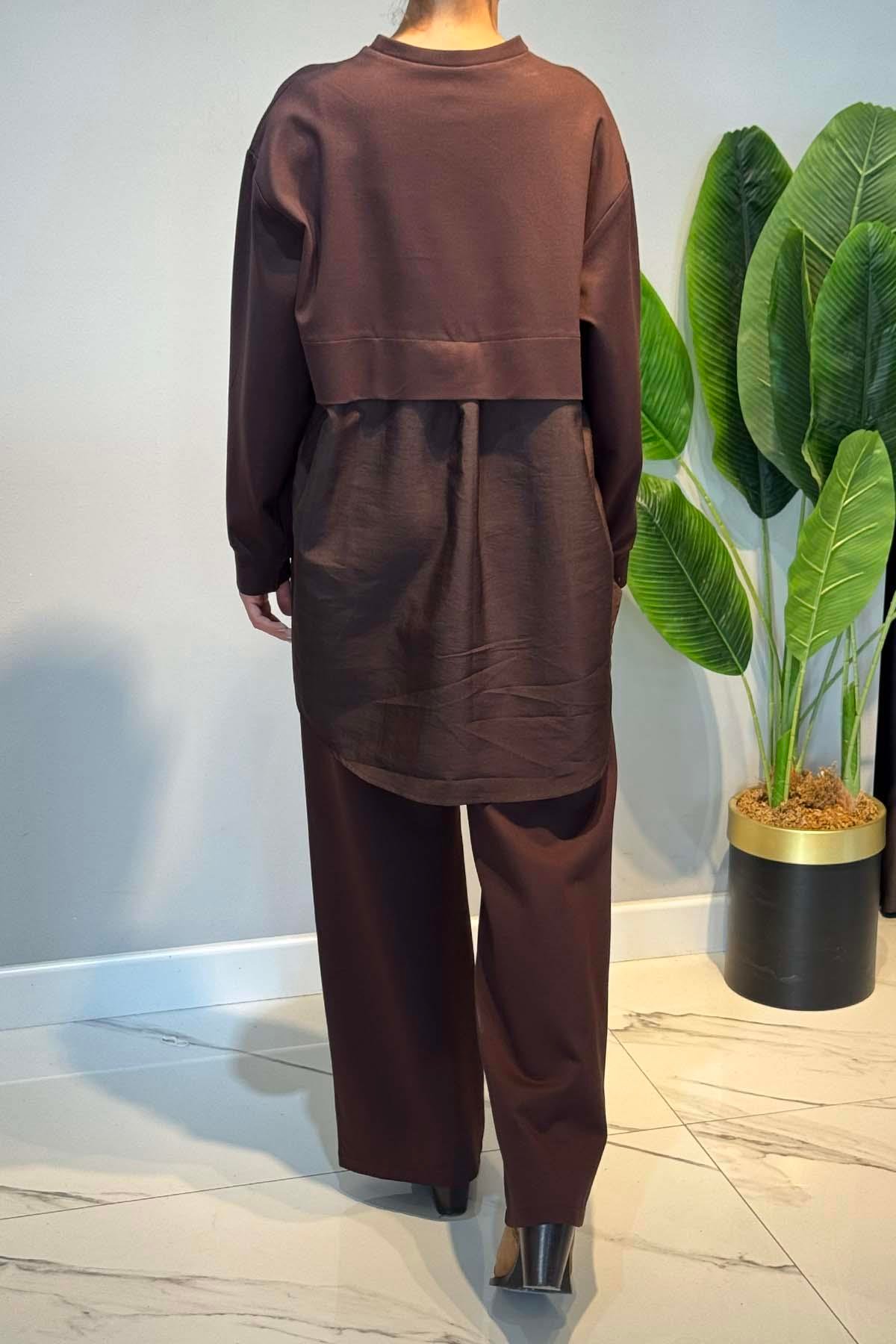 Önü Gold Düğme Detaylı Pantolonlu Takım 6931 Kahverengi