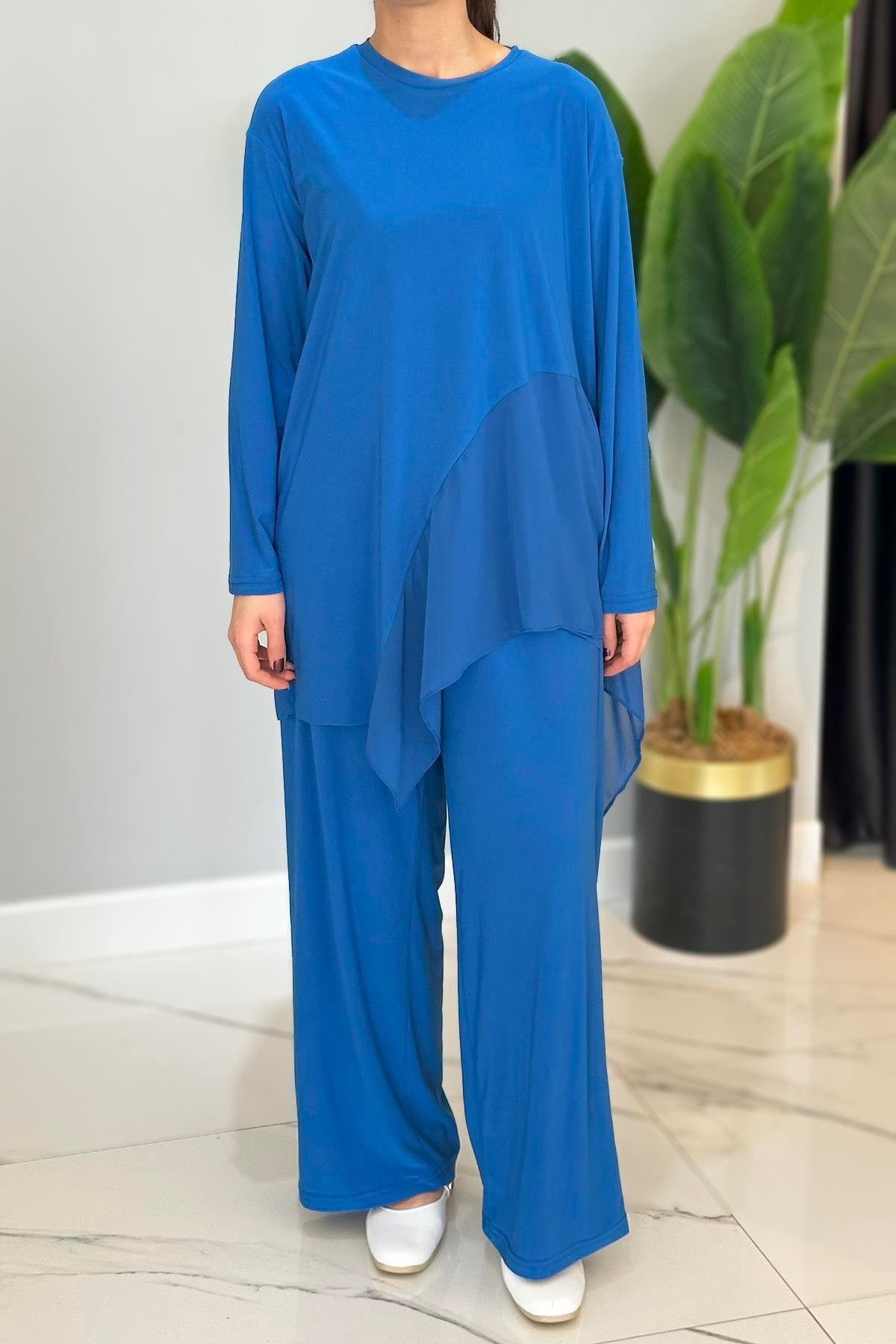 Önü Yarım Ay Şifon Bol Paça Sandy Pantolon Takım 59100 Saks