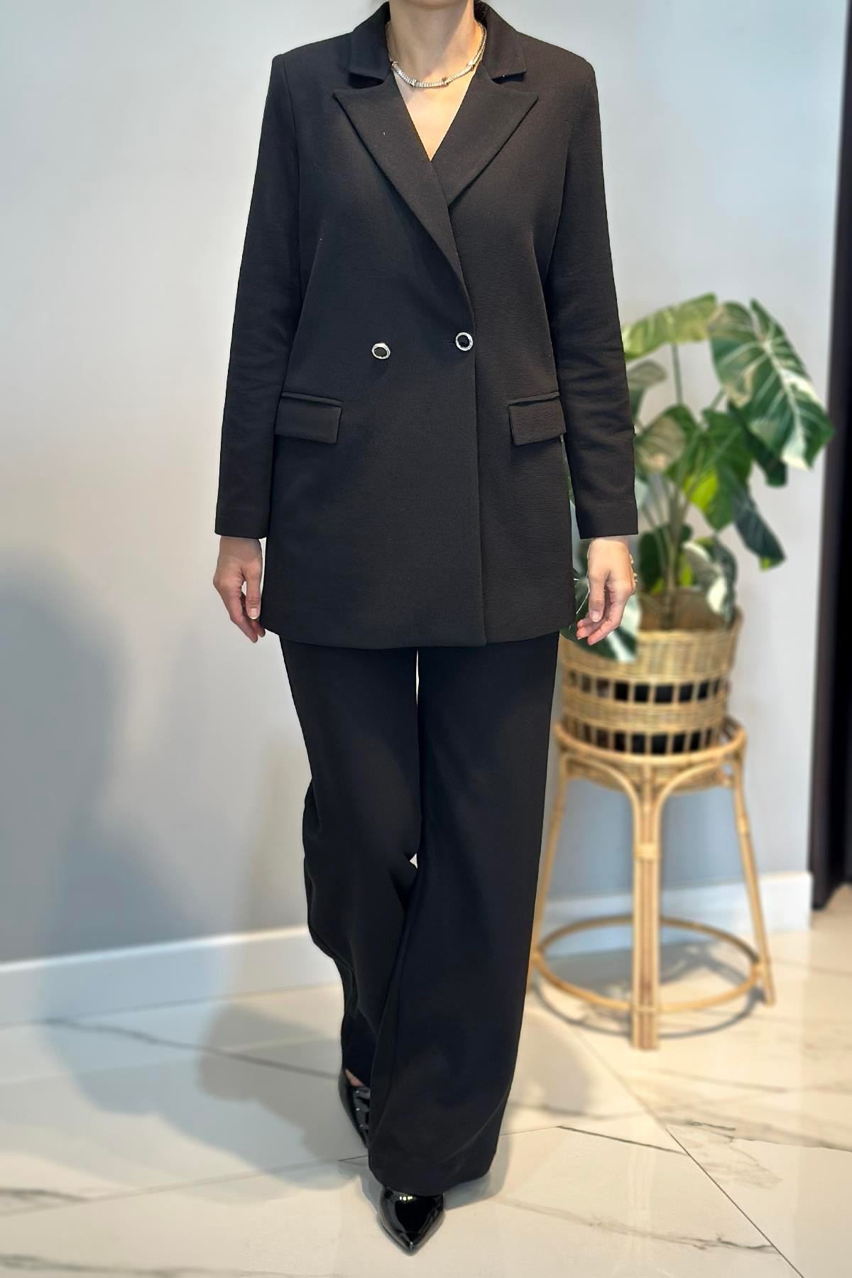 Örme Blazer Pantolon Takım 15227 Siyah