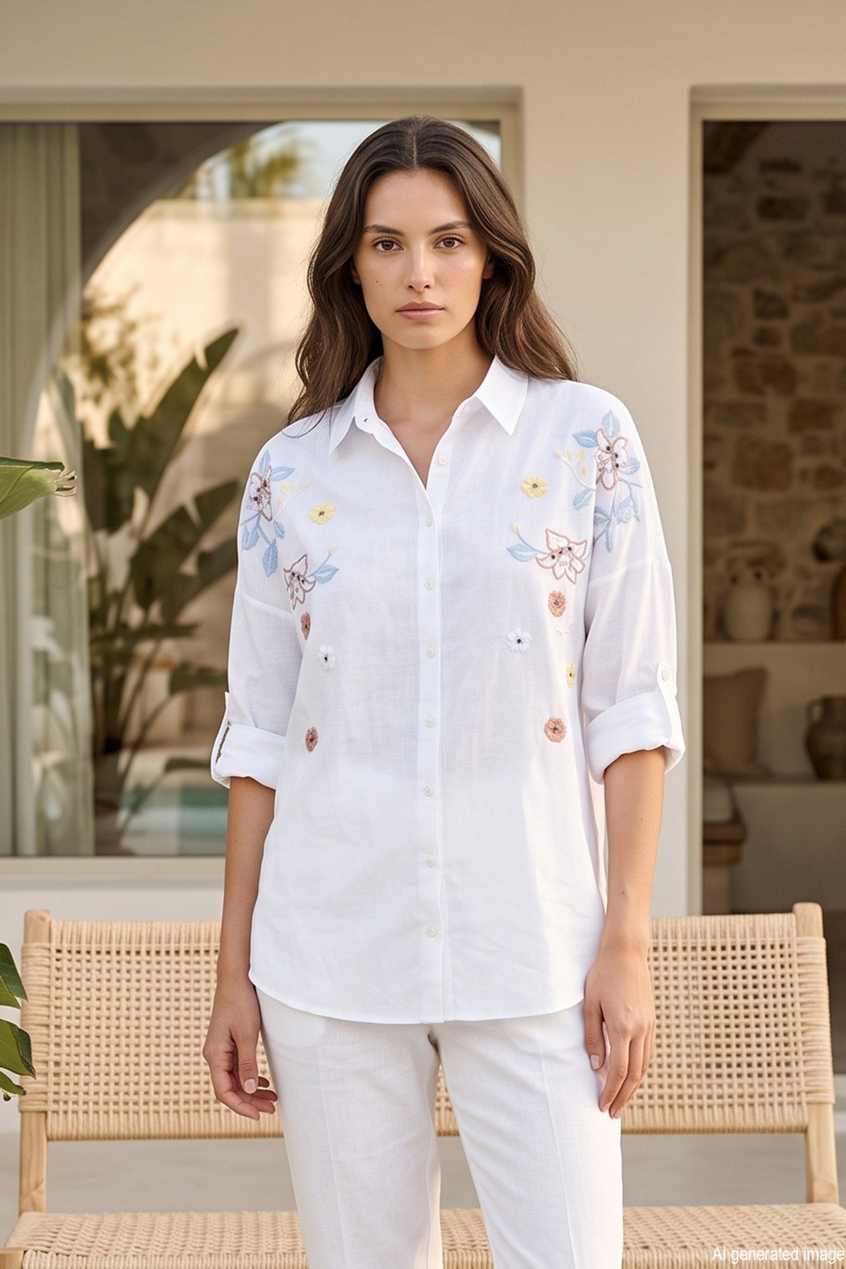 Oversize Nakış ve Boncuk Detaylı Gömlek 17554 Beyaz
