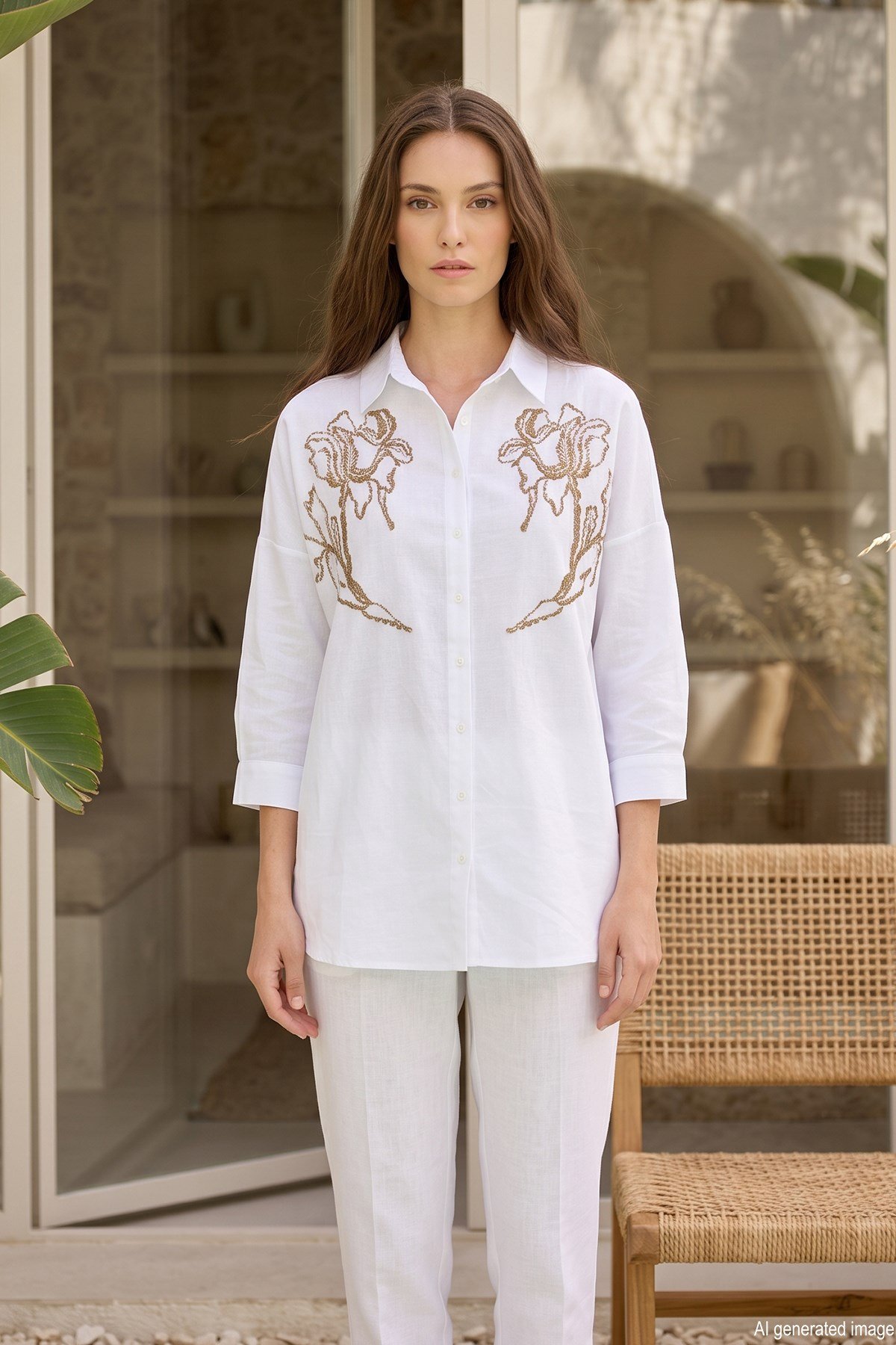 Oversize Nakış ve Pul Detaylı Gömlek 17402 Ekru03