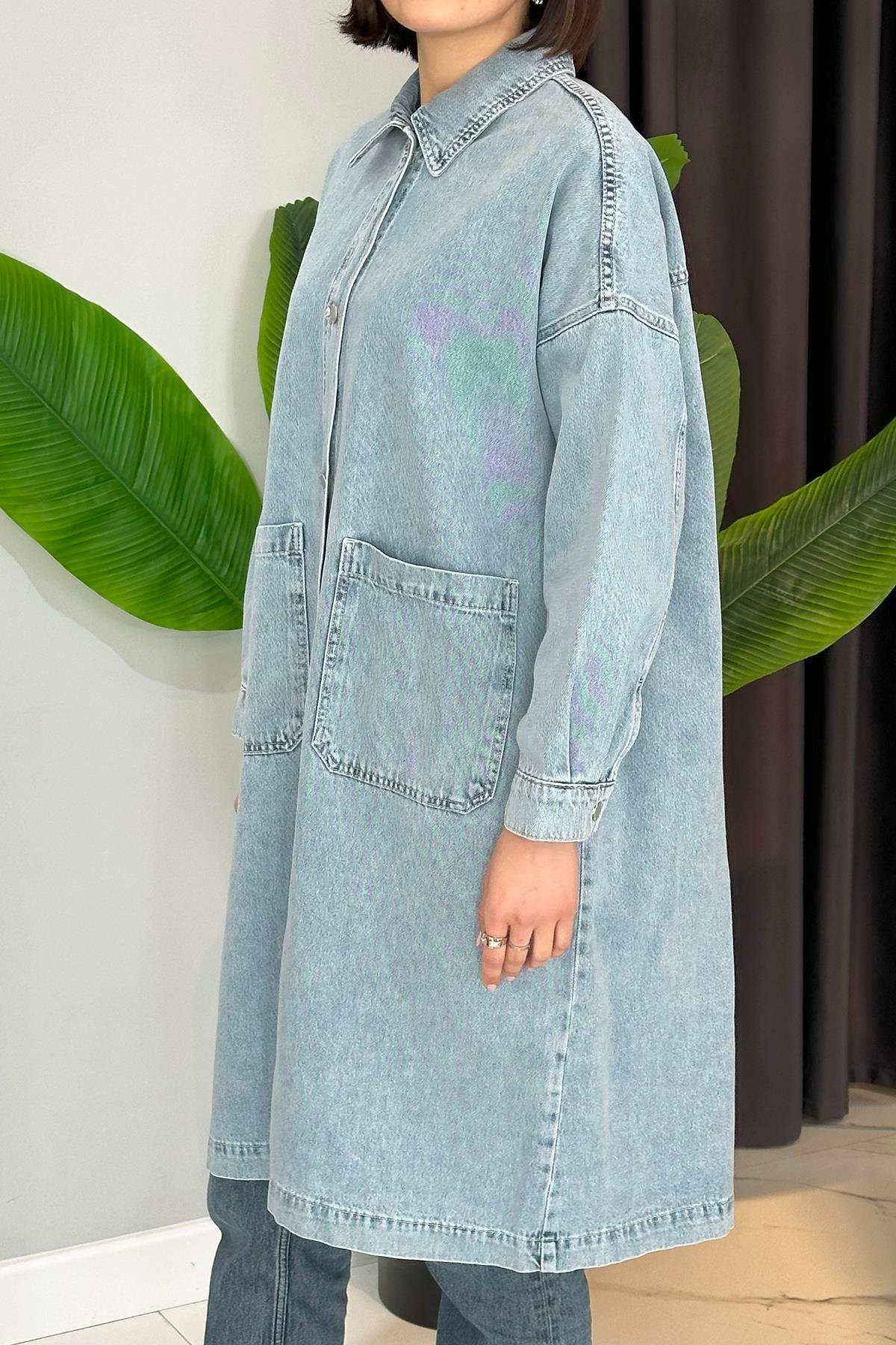 Oversize Uzun Denim Ceket 34662 Mavi