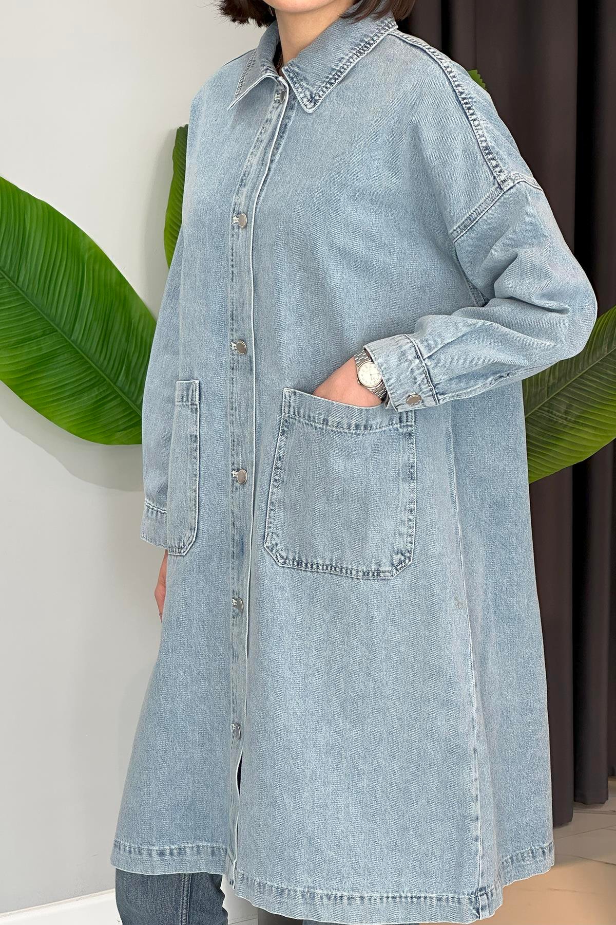 Oversize Uzun Denim Ceket 34662 Mavi