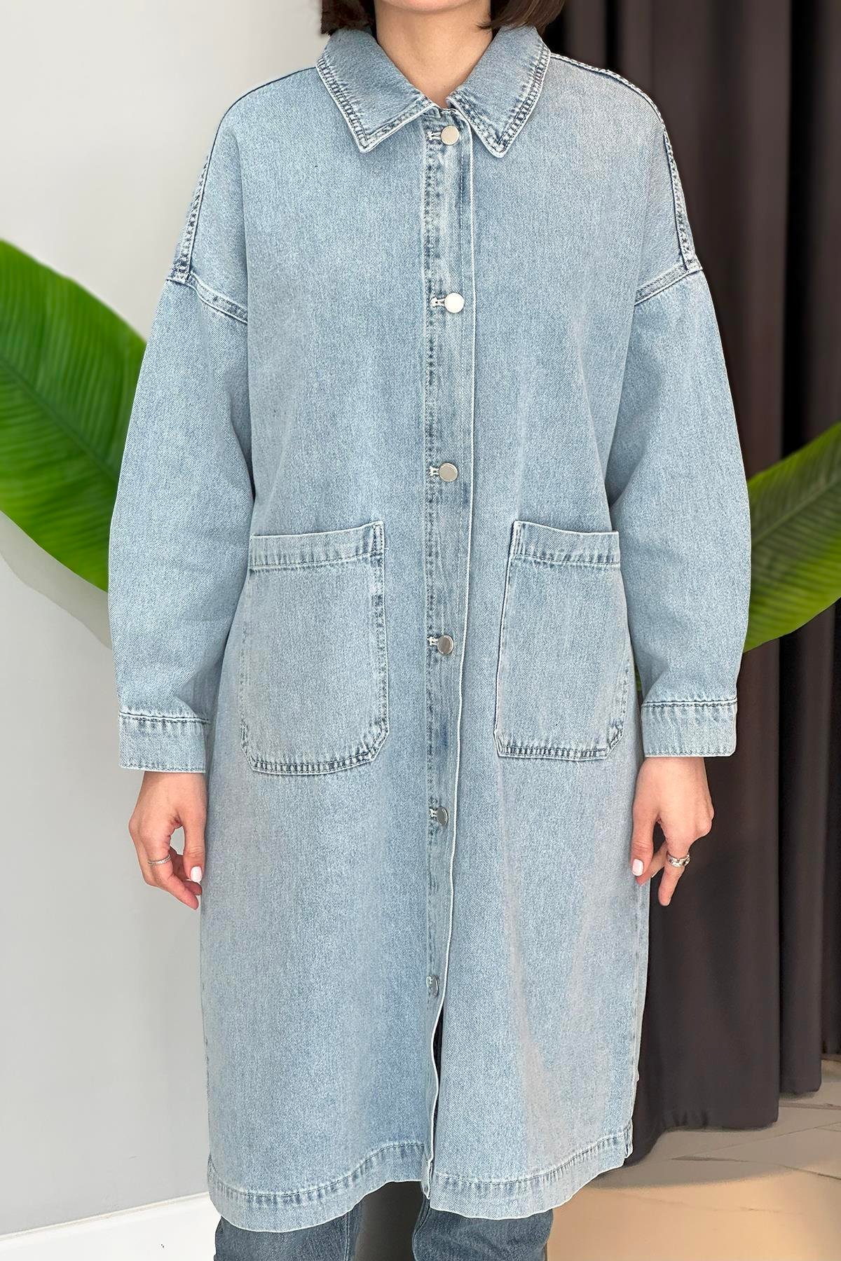 Oversize Uzun Denim Ceket 34662 Mavi