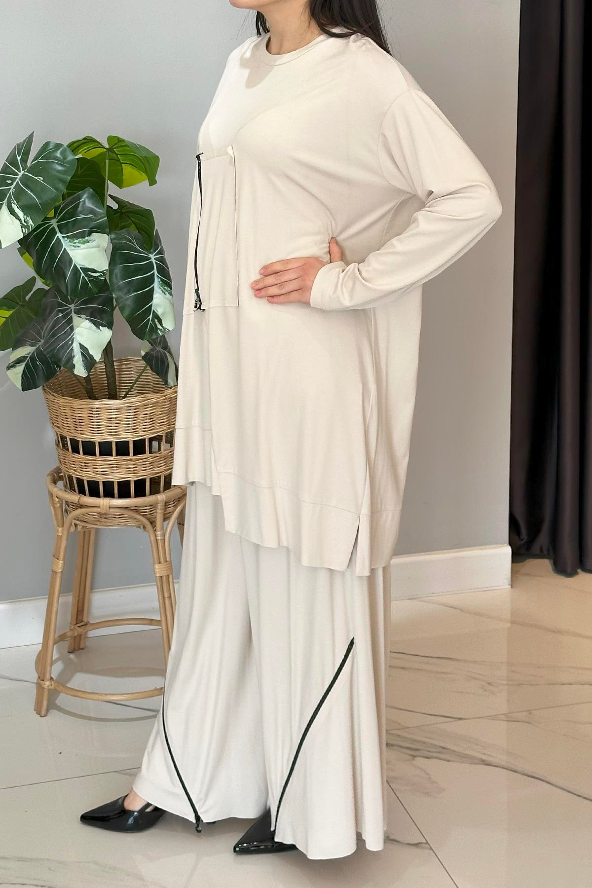 Paçası Fermuar Detaylı Pantolonlu Bambu Takım 5933 Latte