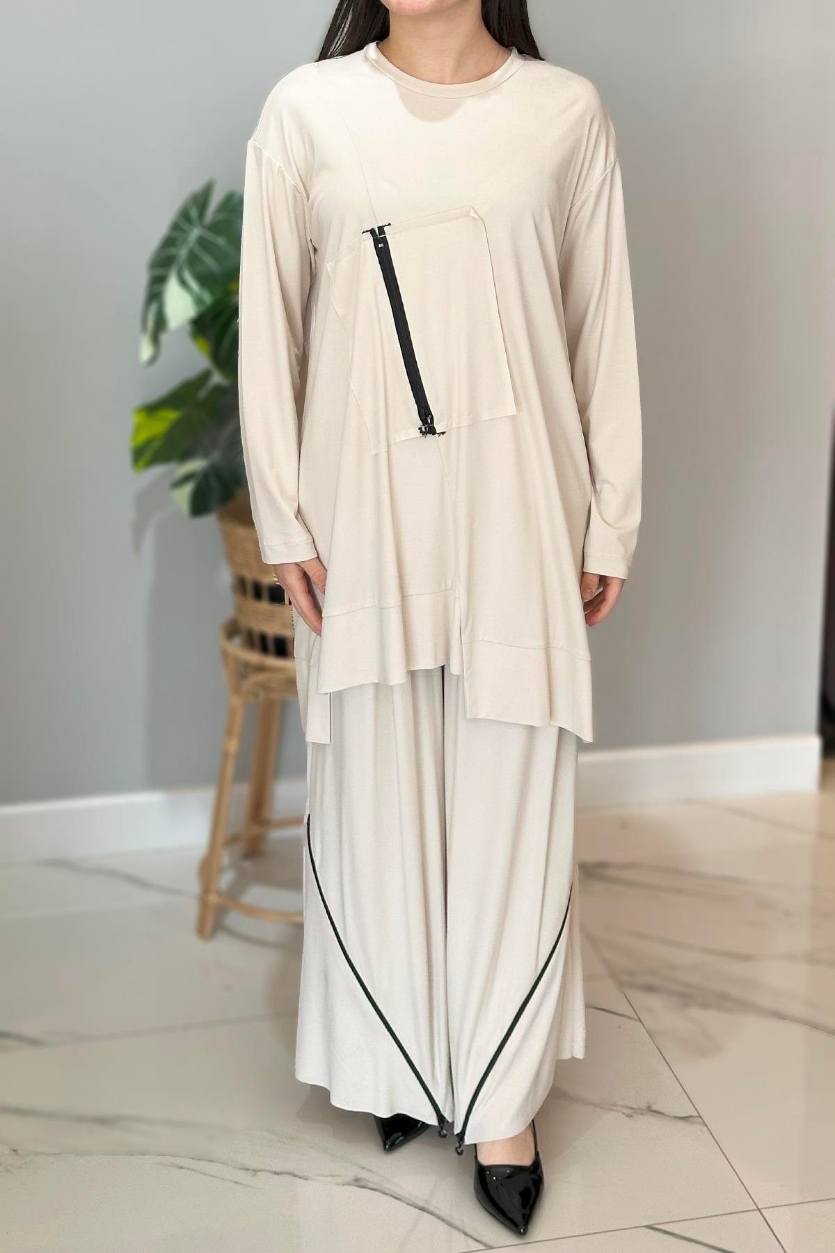 Paçası Fermuar Detaylı Pantolonlu Bambu Takım 5933 Latte