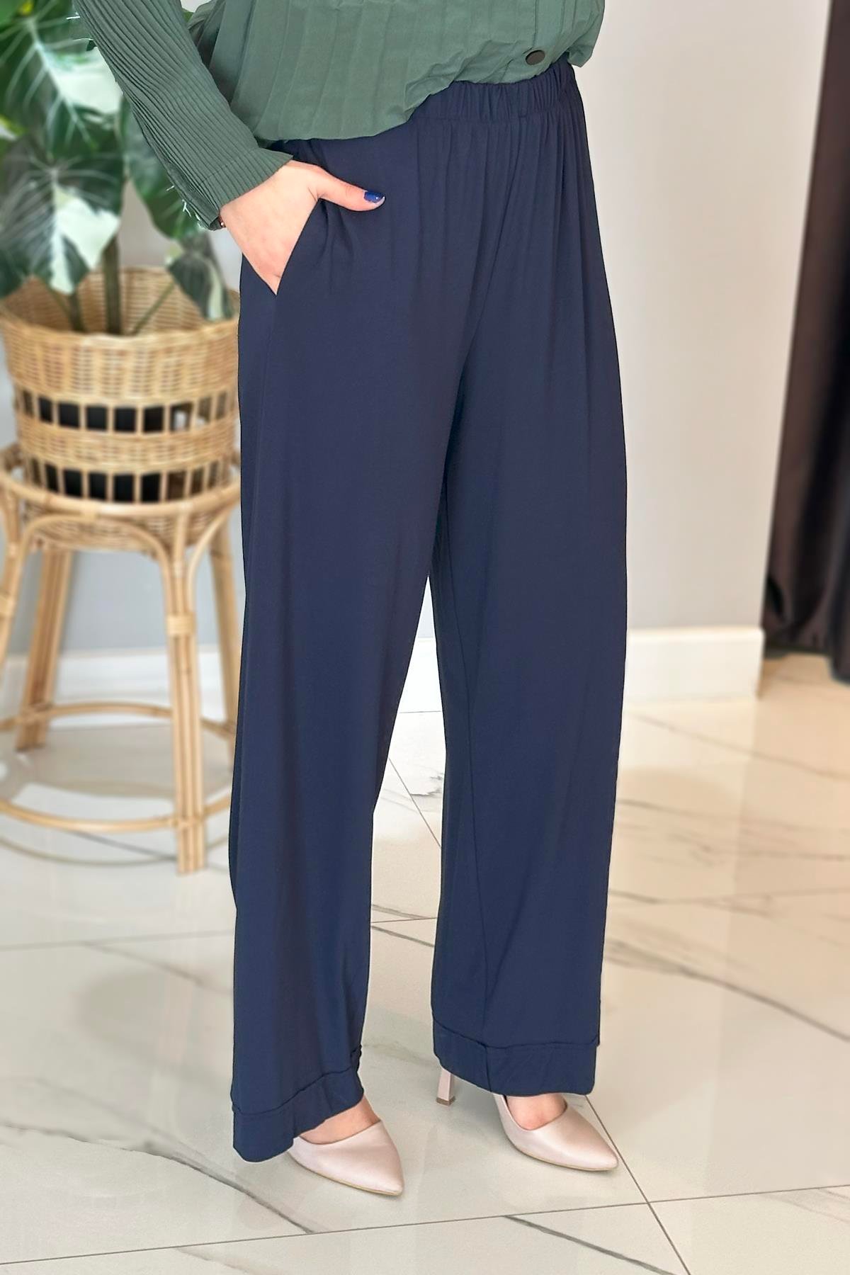 Paçası Katlama Dikiş Beli Lastikli Bol Paça Bambu Pantolon 5350 Lacivert