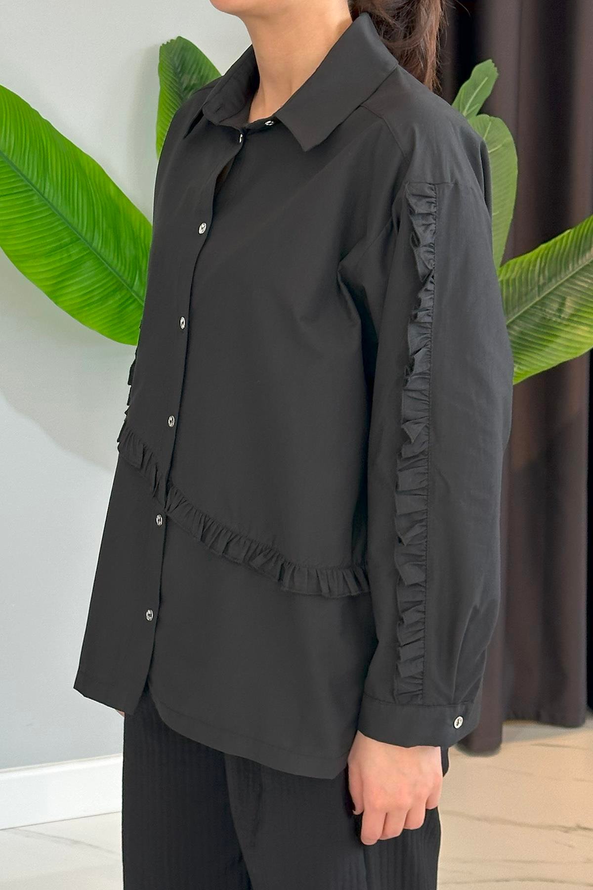 Pamuklu Kolları ve Önü Fırfır Detaylı Düğmeli Kısa Gömlek 5158 Siyah