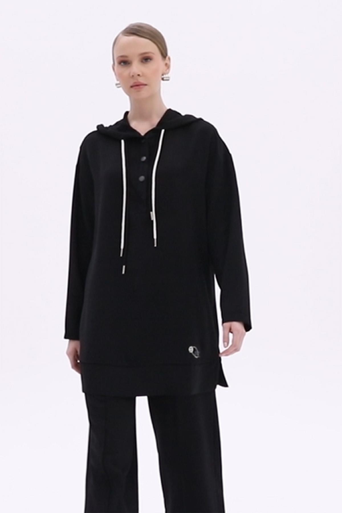 Pantolonlu Takım Kapüşon Detaylı 14189 Siyah