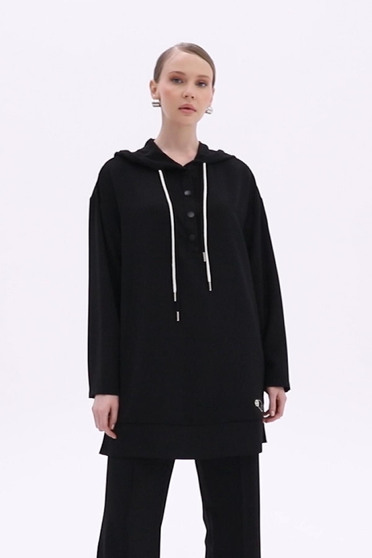 Pantolonlu Takım Kapüşon Detaylı 14189 Siyah