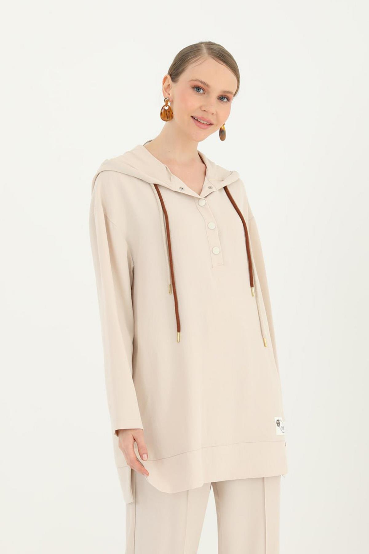 Pantolonlu Takım Kapüşon Detaylı 14189 Bej