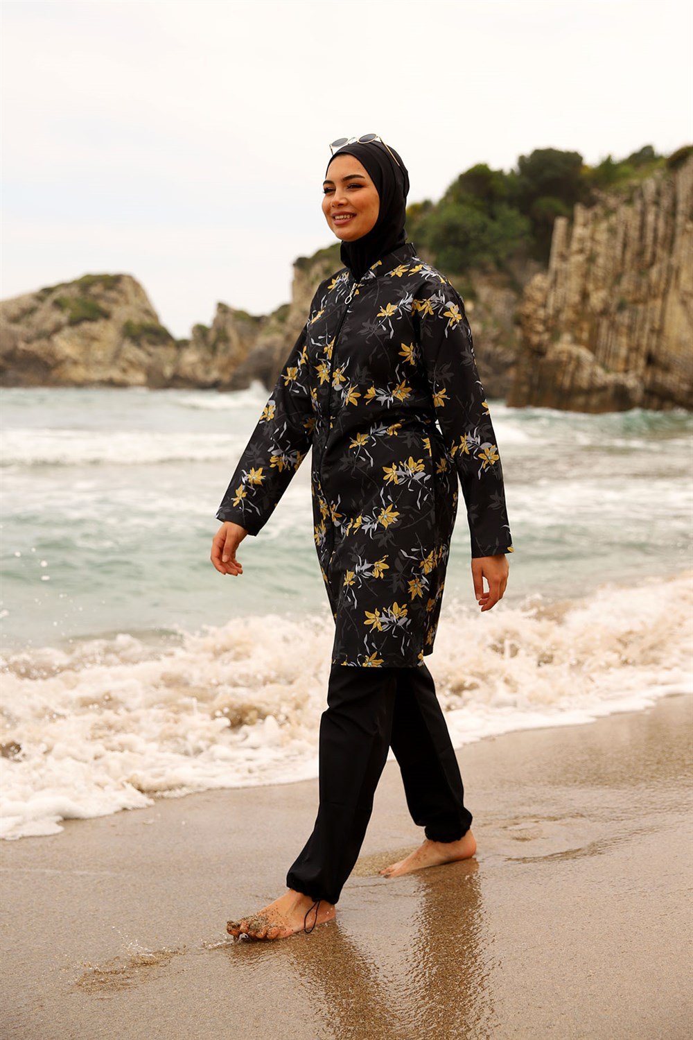 Paraşüt Fermuarlı Tam Kapalı Tesettür Mayo Sarı Çiçek
