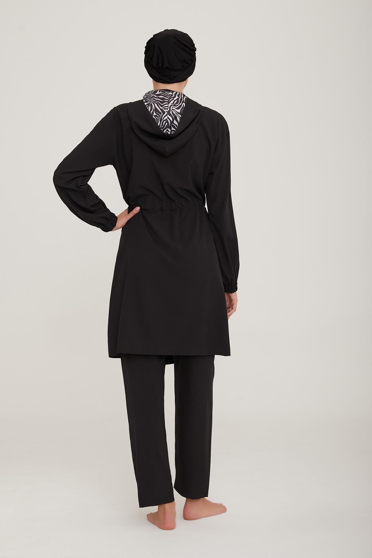 Paraşüt Kapşonlu Tam Kapalı Tesettür Mayo Alım 4479 Siyah Remsa Mayo