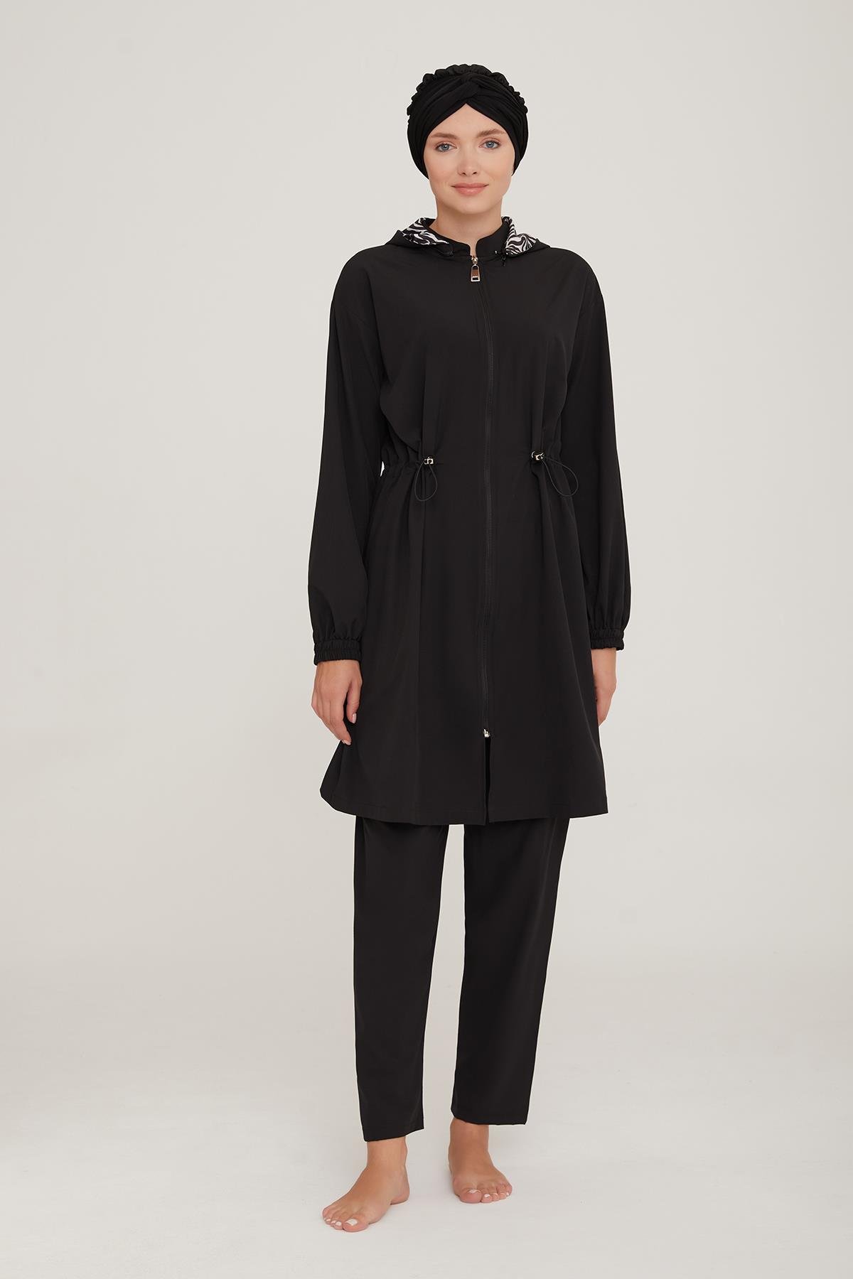 Paraşüt Kapşonlu Tam Kapalı Tesettür Mayo Alım 4479 Siyah Remsa Mayo