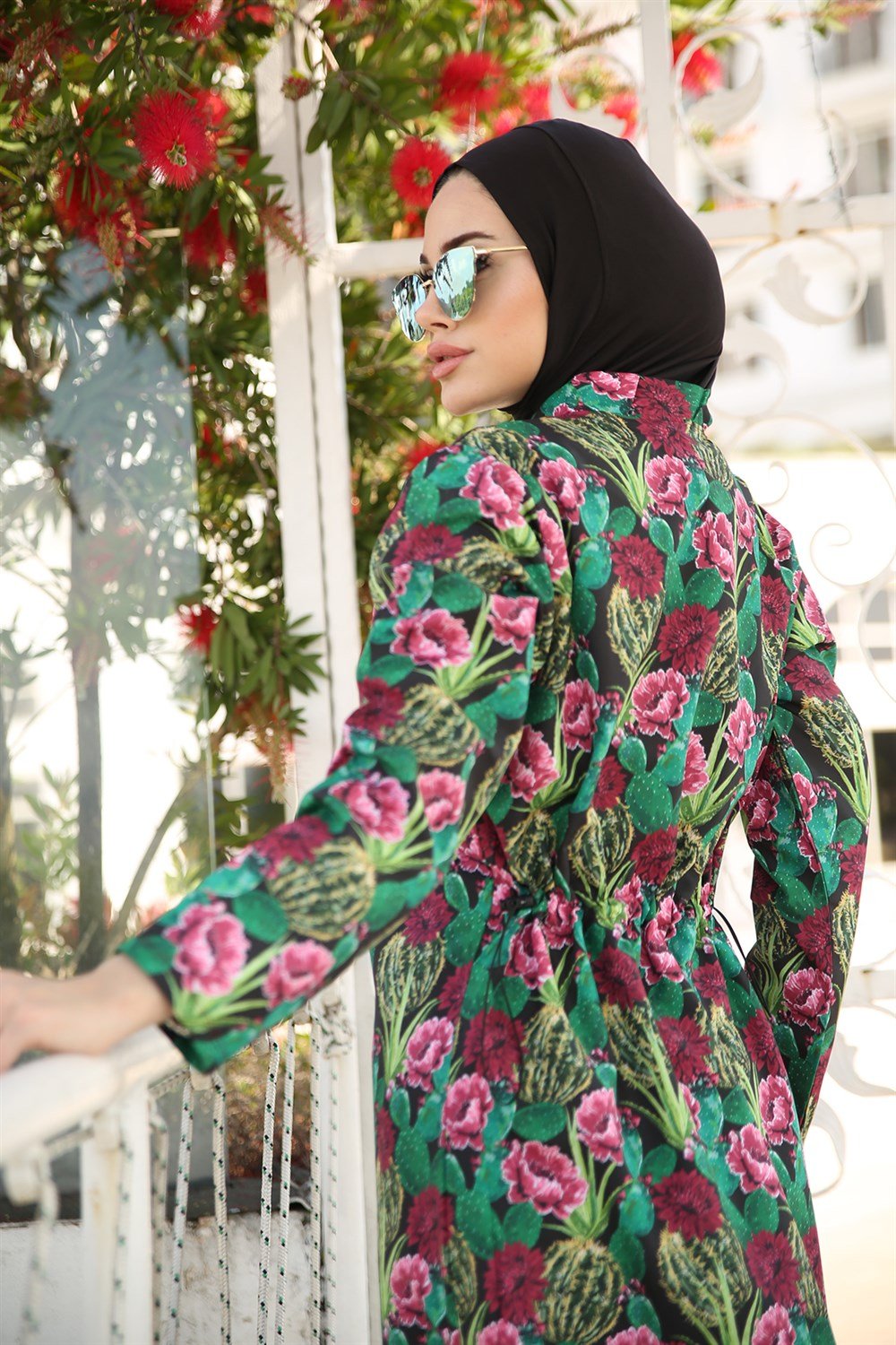 Paraşüt Tam Kapalı Tesettür Mayo Desenli Yasemin Gül Çiçekli Kaktüs Bordo