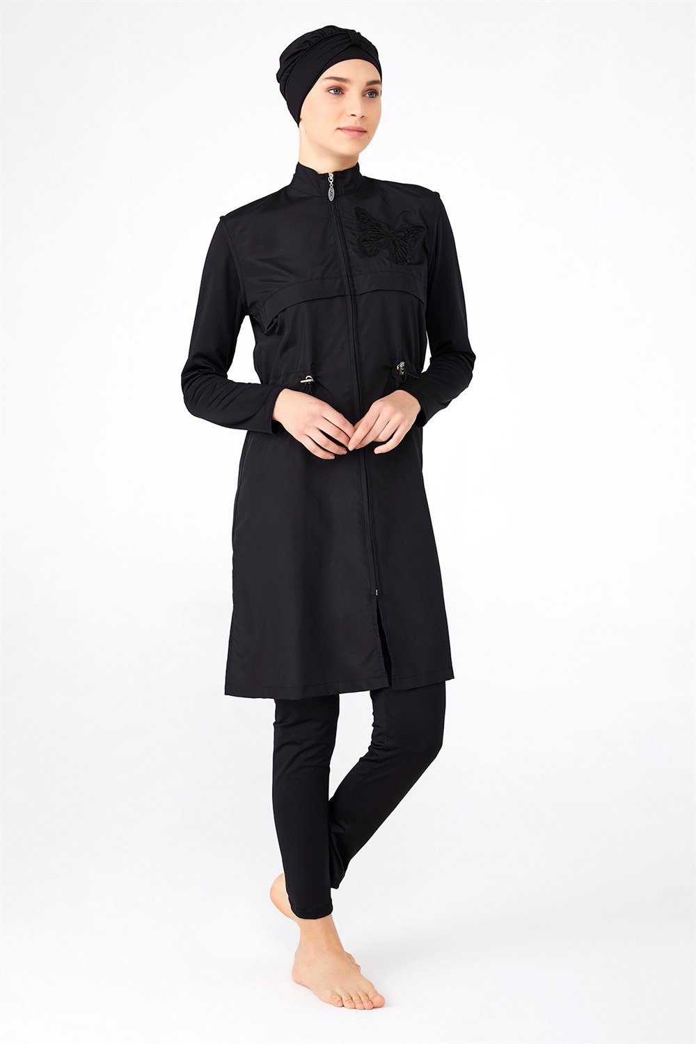 Paraşüt Tam Kapalı Tesettür Mayo Kelebek Nakışlı 1261 Siyah
