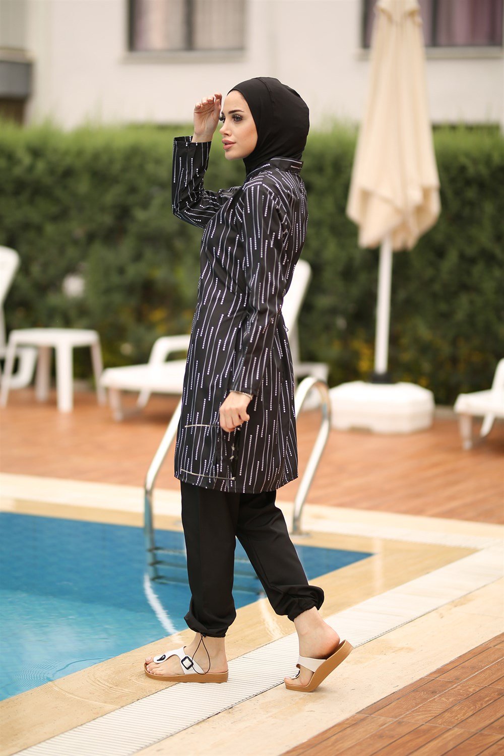 Paraşüt Tam Kapalı Tesettür Mayo Puan Desen Yasemin Siyah