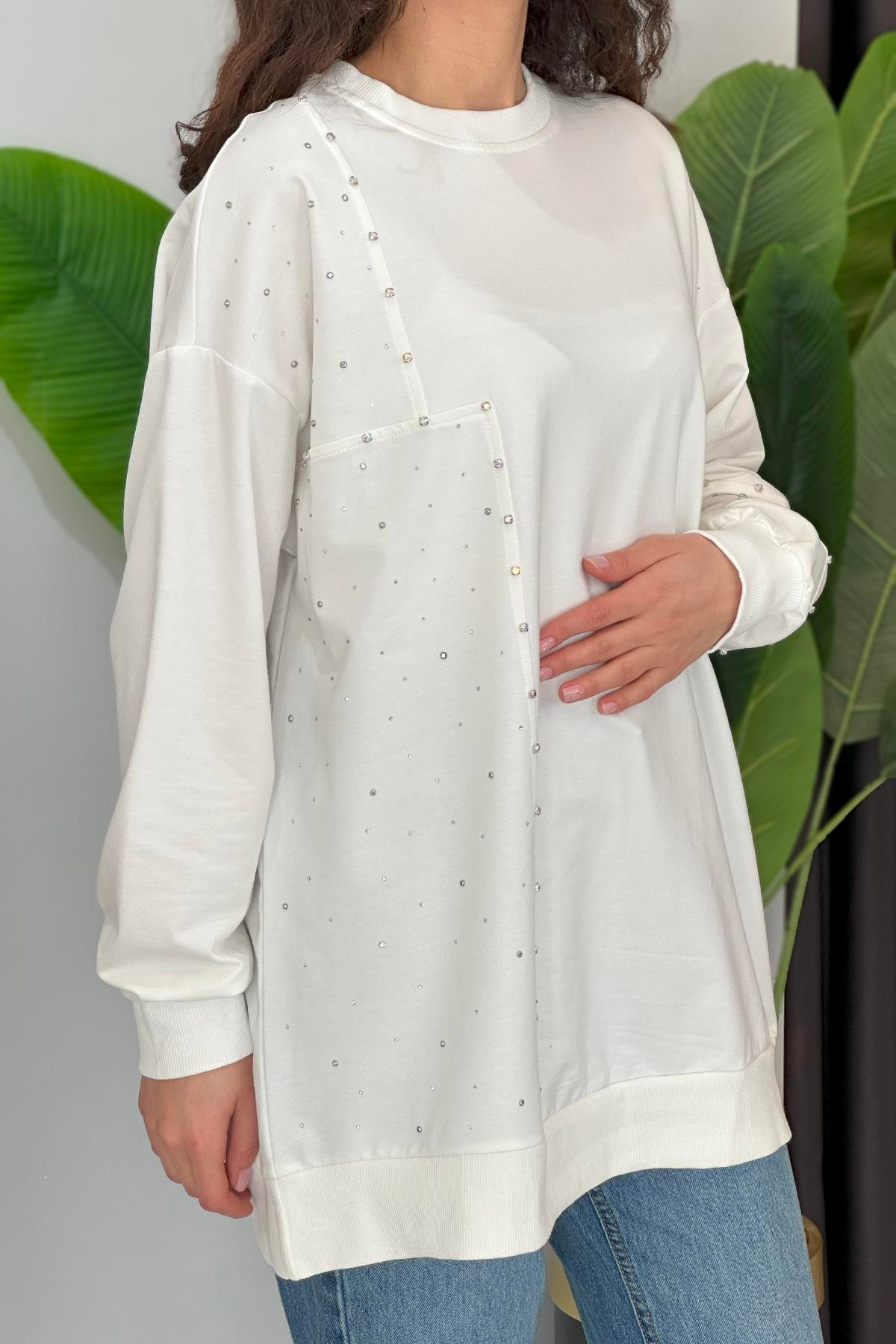 Parçalı Taşlı Sweat Tunik 34850 Ekru