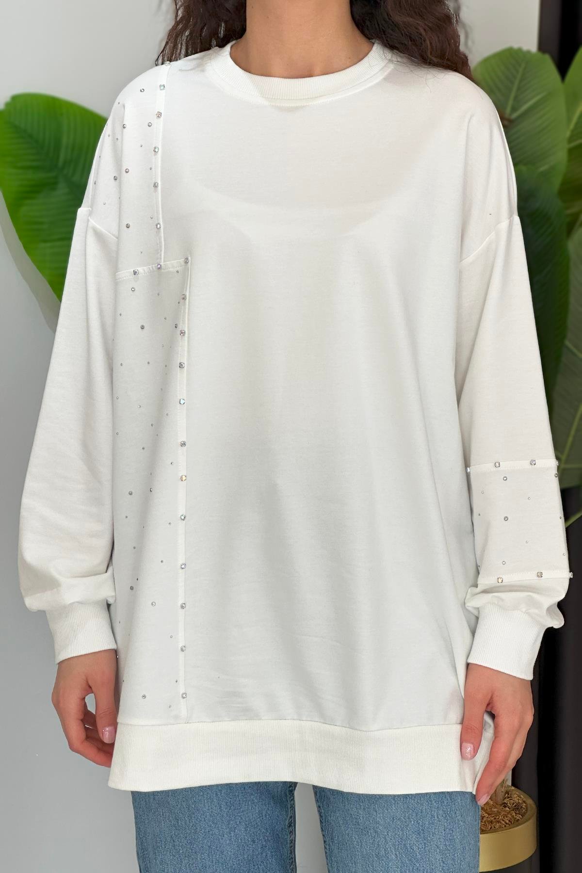 Parçalı Taşlı Sweat Tunik 34850 Ekru
