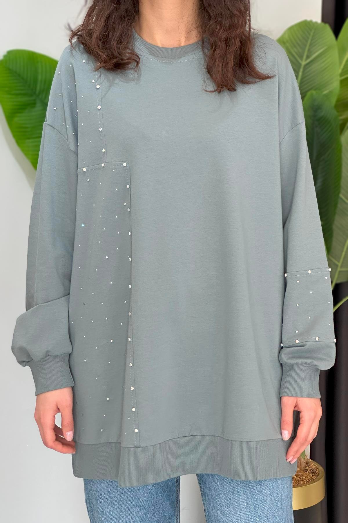 Parçalı Taşlı Sweat Tunik 34850 Füme