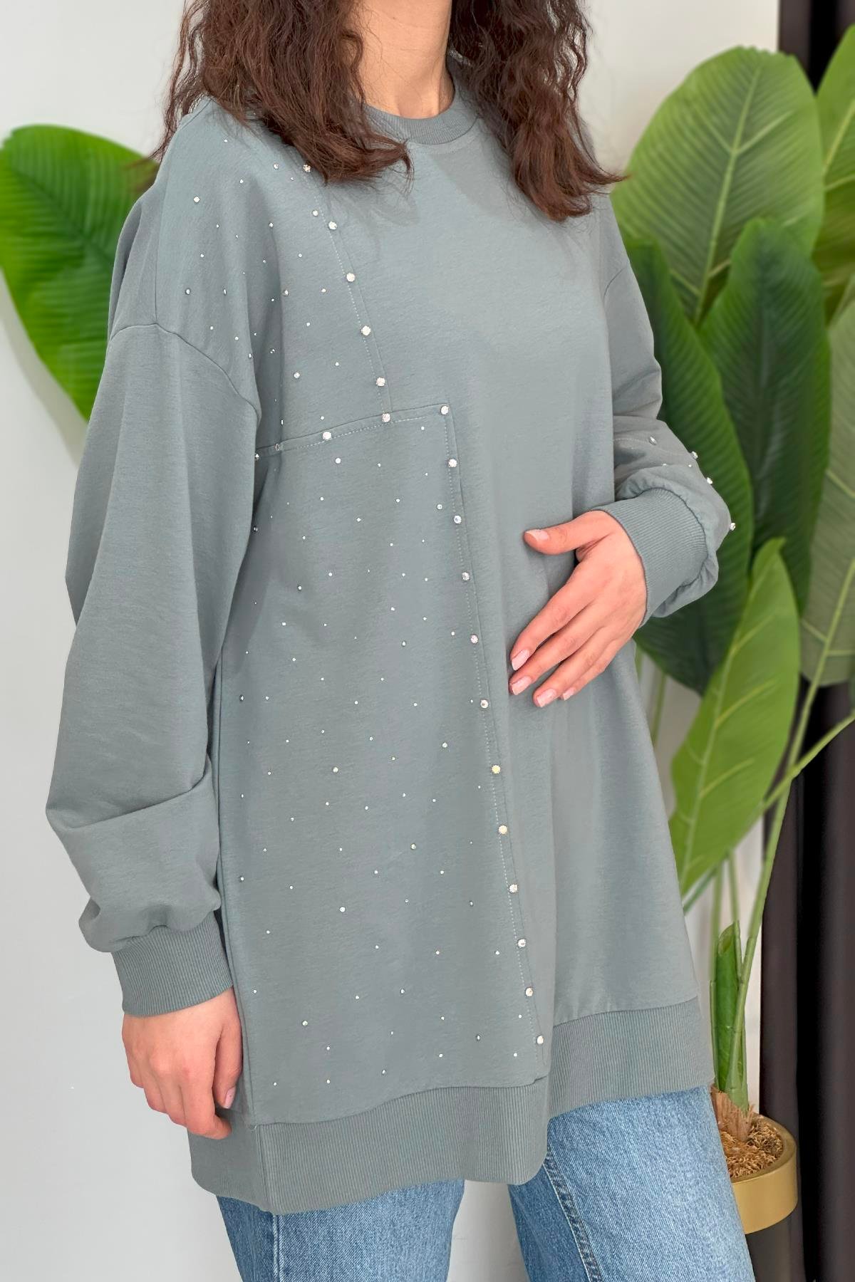 Parçalı Taşlı Sweat Tunik 34850 Füme