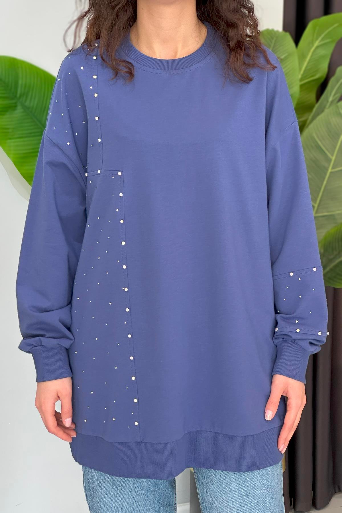Parçalı Taşlı Sweat Tunik 34850 İndigo