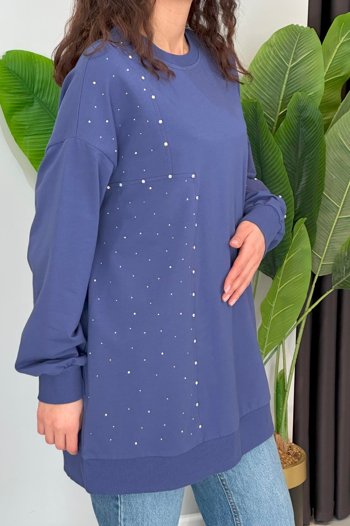Parçalı Taşlı Sweat Tunik 34850 İndigo