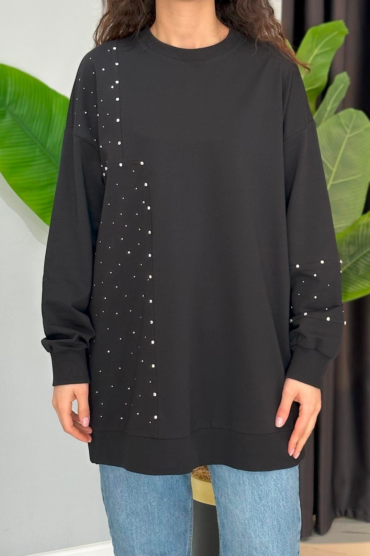Parçalı Taşlı Sweat Tunik 34850 Siyah