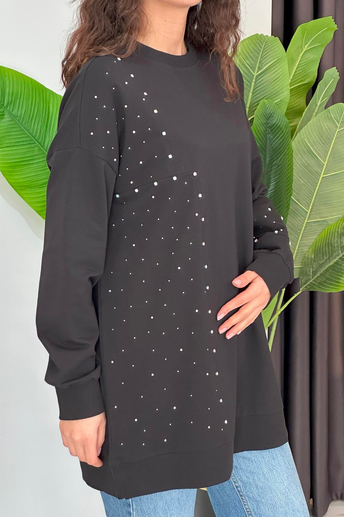Parçalı Taşlı Sweat Tunik 34850 Siyah