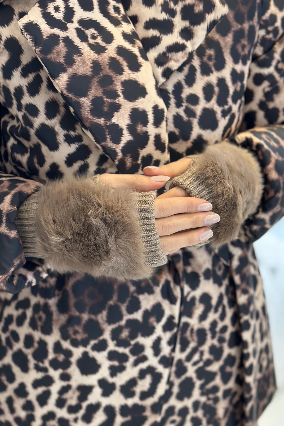 Peluş Detay Kadın Örme Kesik Eldiven ELD-30 Vizon