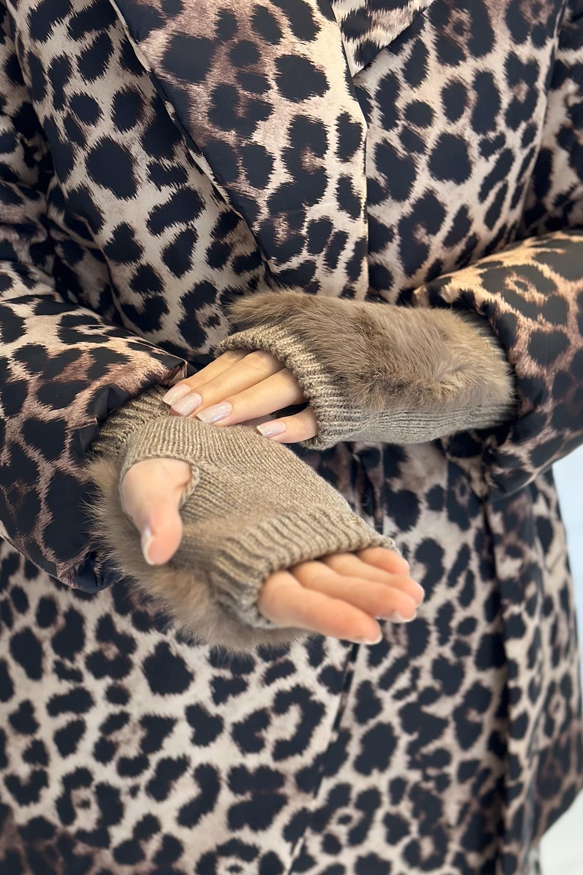 Peluş Detay Kadın Örme Kesik Eldiven ELD-30 Vizon