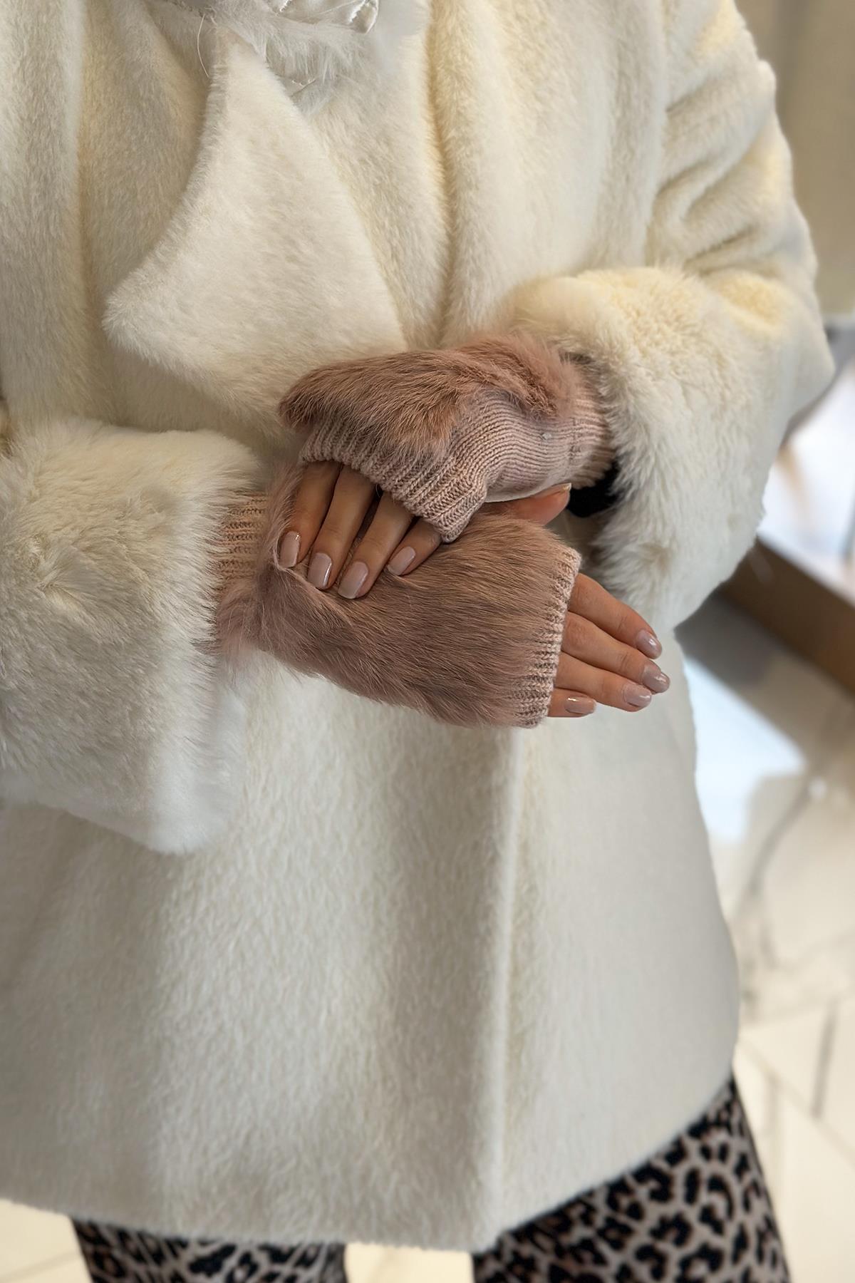 Peluş Detay Kadın Örme Kesik Eldiven ELD-30 Pudra