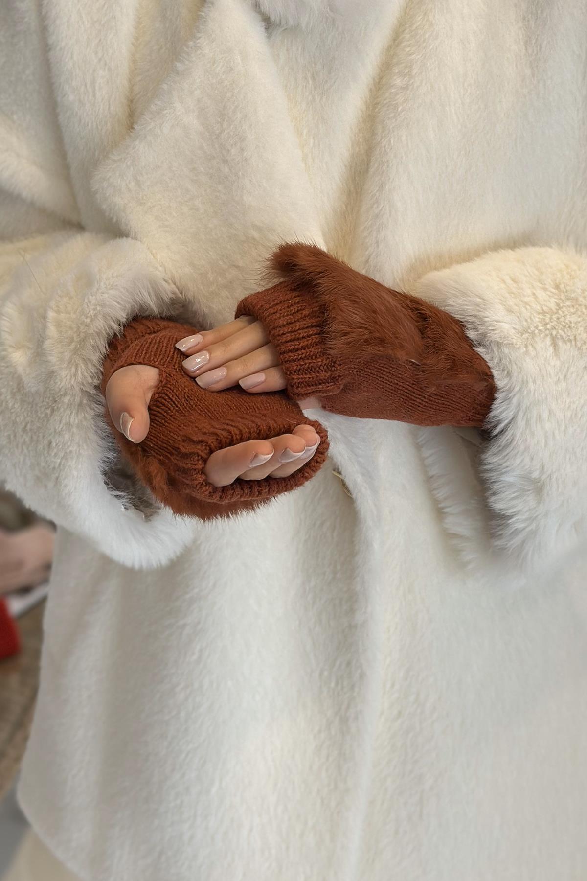 Peluş Detay Kadın Örme Kesik Eldiven ELD-30 Kiremit