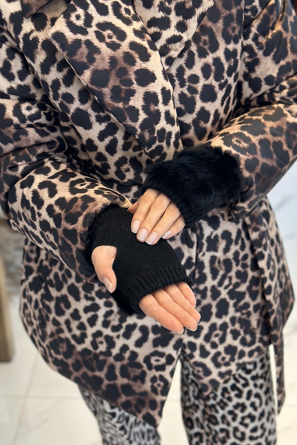 Peluş Detay Kadın Örme Kesik Eldiven ELD-30 Siyah