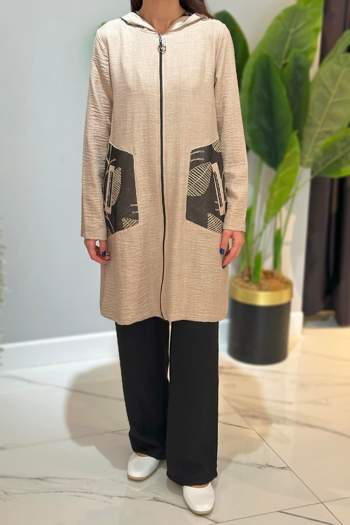 Pileli Kapüşonlu Pantolonlu Takım 18748 Bej 