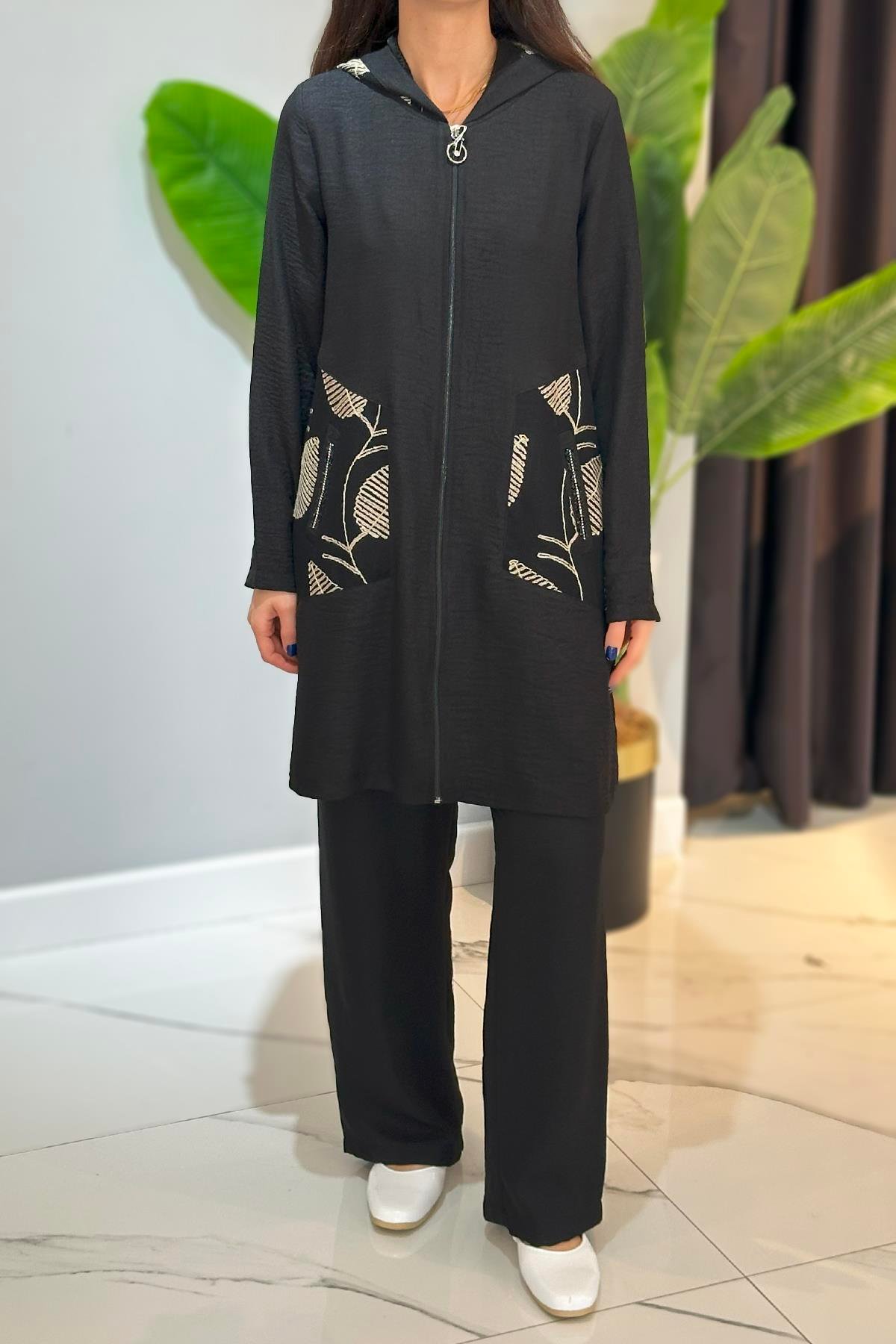 Pileli Kapüşonlu Pantolonlu Takım 18748 Siyah