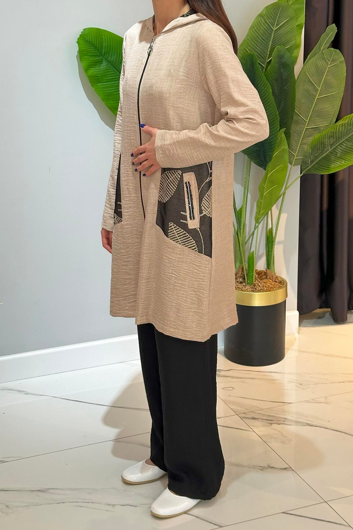 Pileli Kapüşonlu Pantolonlu Takım 18748 Bej 