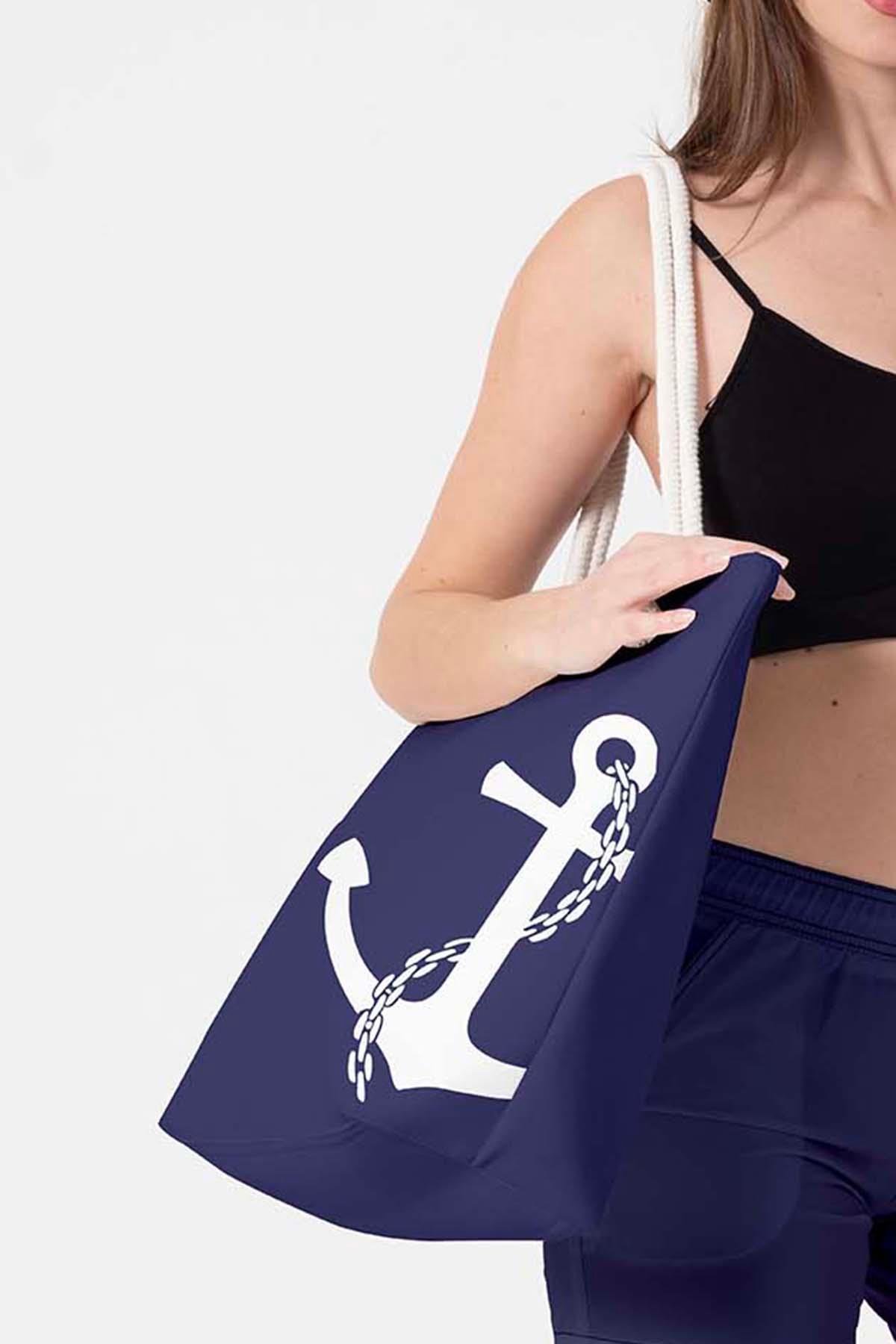 Plaj Çantası Çapa Desen Baskılı 5071 Lacivert