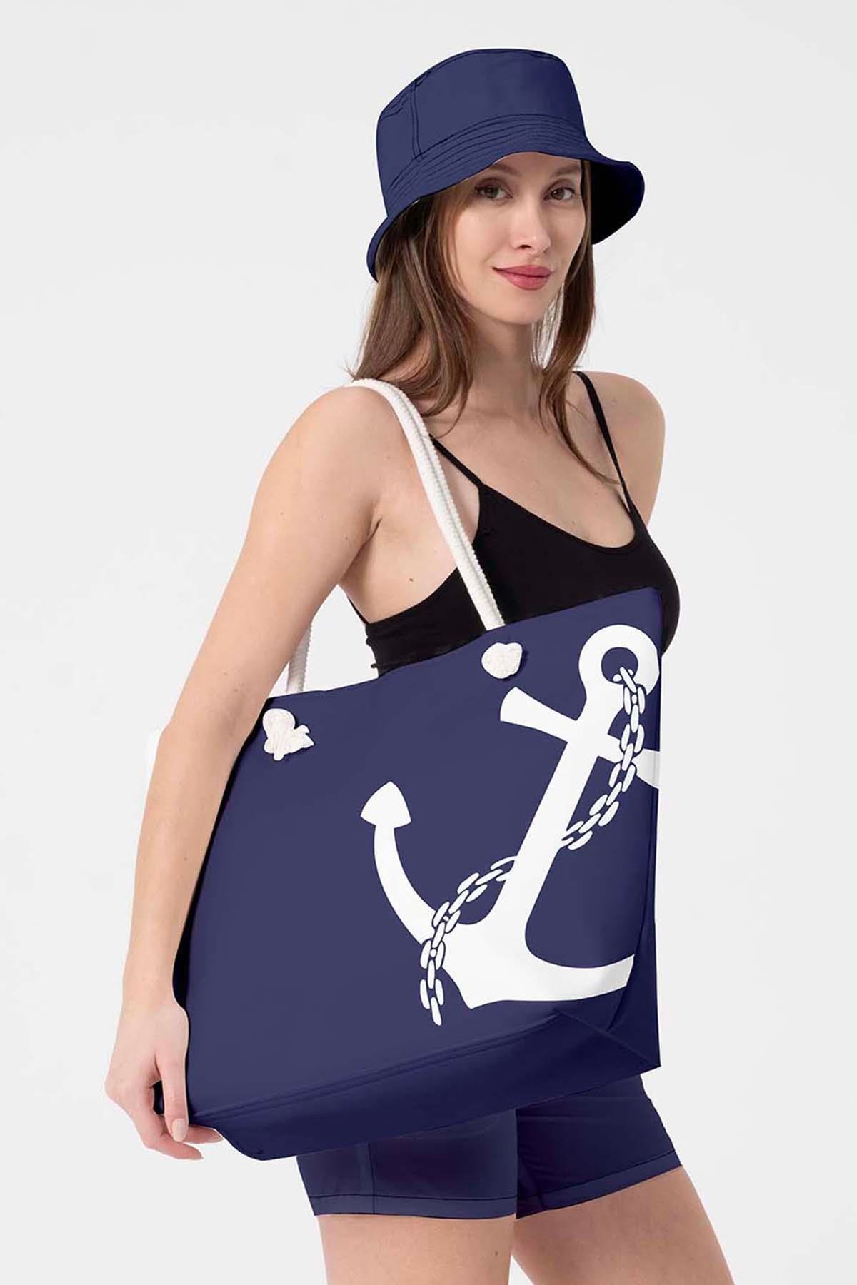 Plaj Çantası Çapa Desen Baskılı 5071 Lacivert