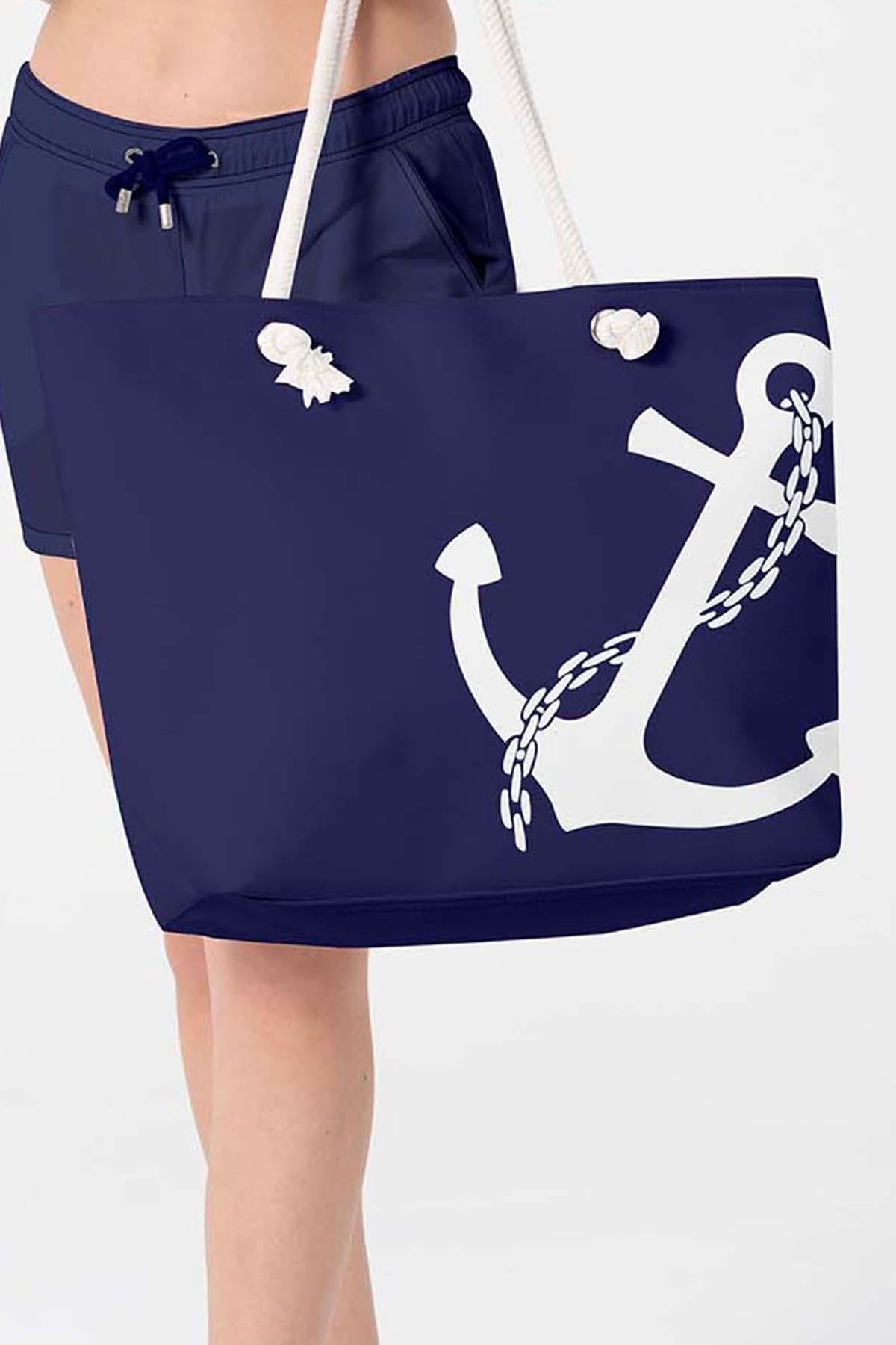 Plaj Çantası Çapa Desen Baskılı 5071 Lacivert