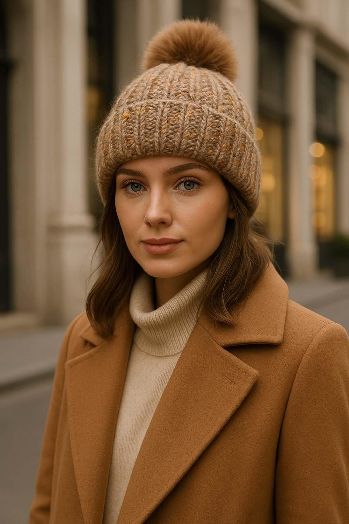 Ponpon Detay Kadın Bere RKŞ-1142 Vizon