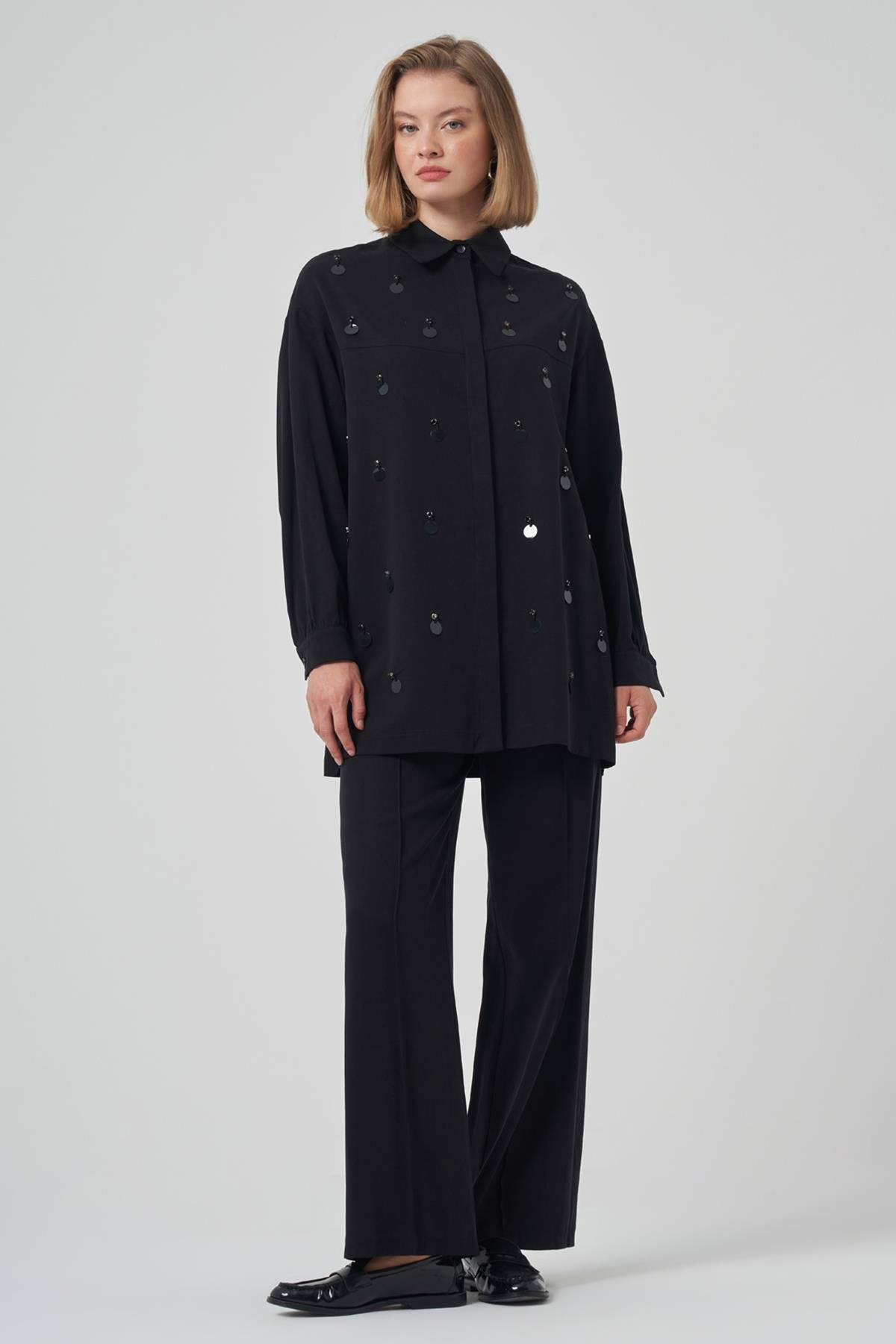 Pul Detay Gömlek Pantolon Takım 1031 Siyah