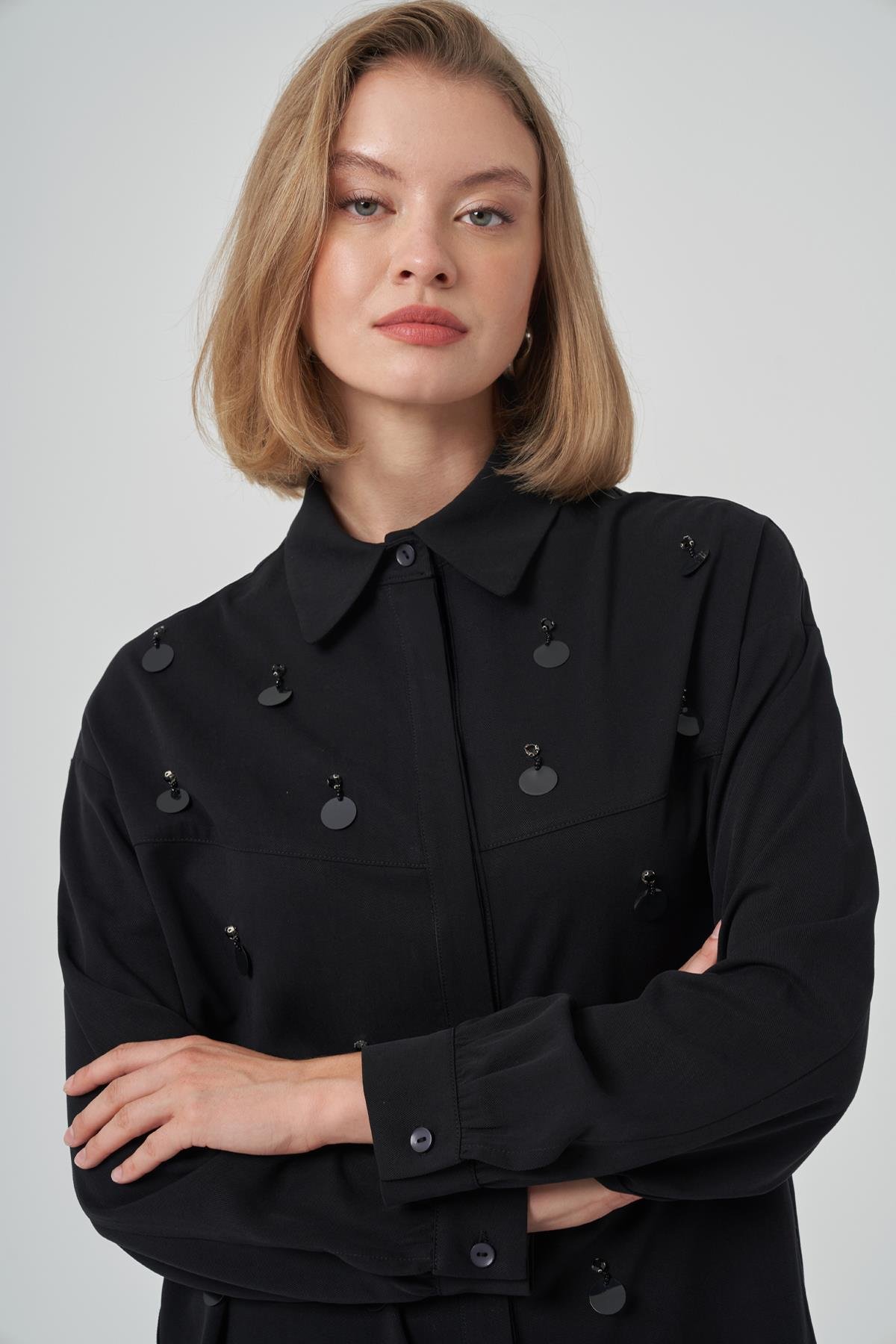 Pul Detay Gömlek Pantolon Takım 1031 Siyah