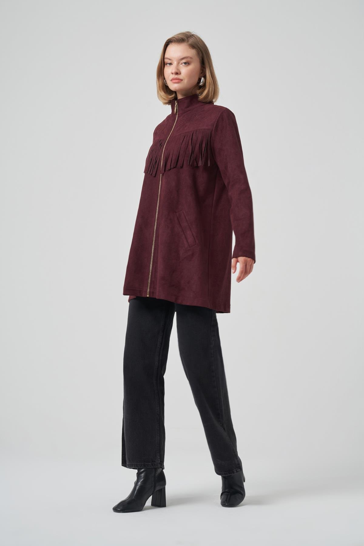 Püskül ve İşleme Detay Süet Ceket 6028 Mürdüm