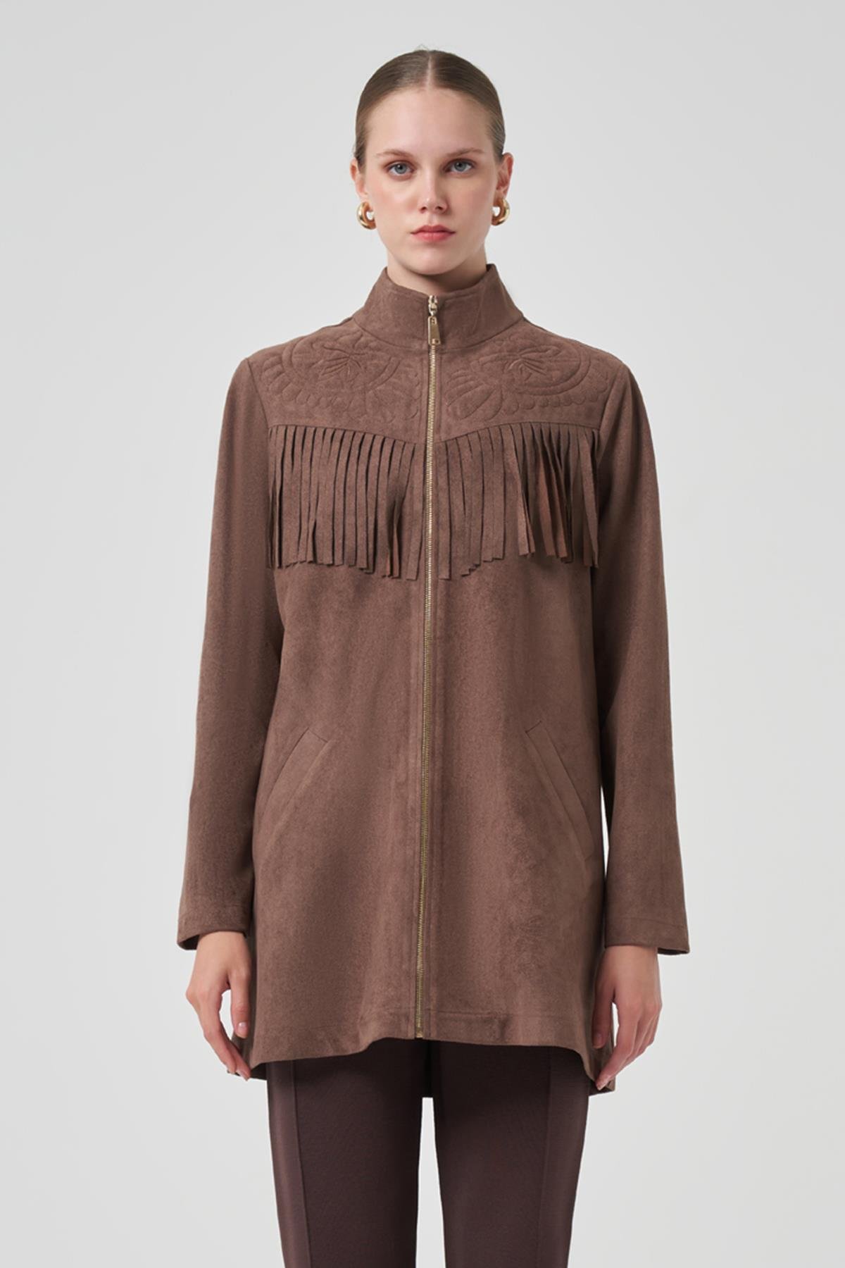 Püskül ve İşleme Detay Süet Ceket 6028 Vizon