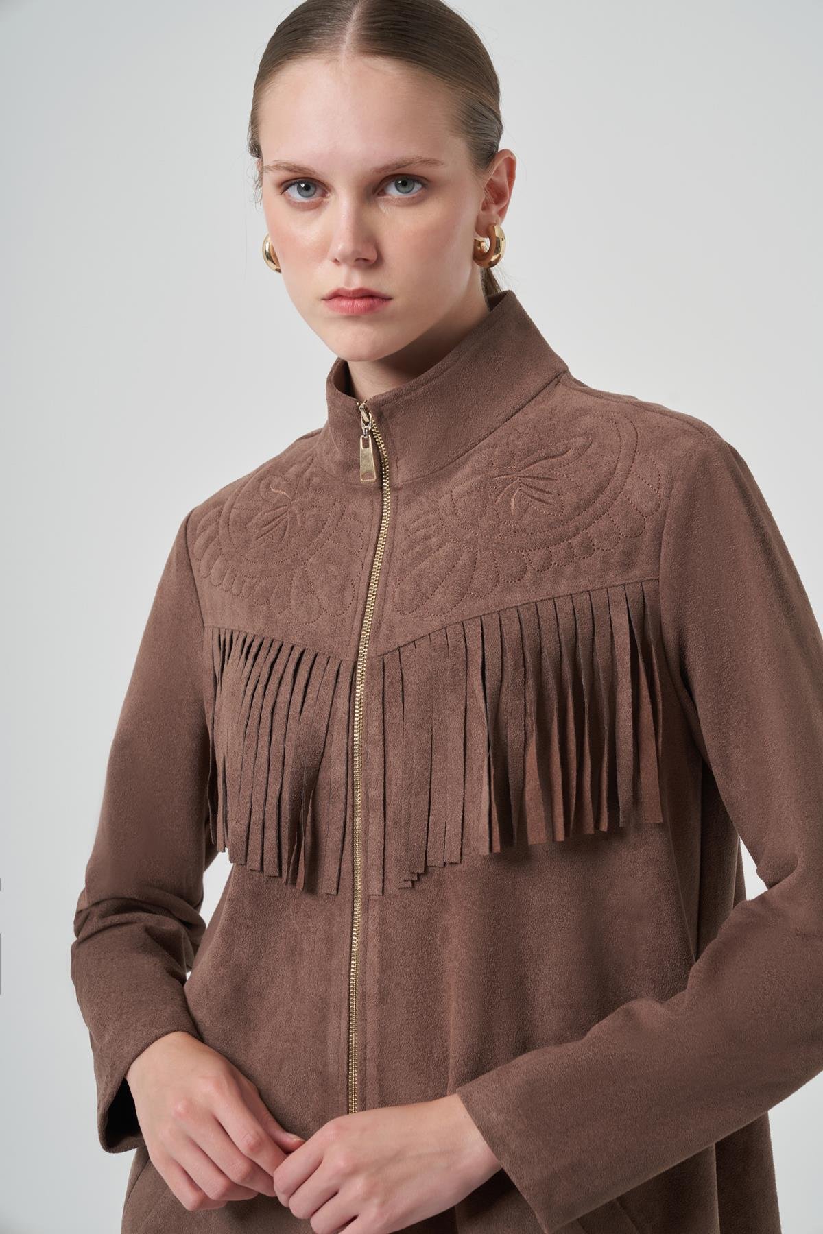 Püskül ve İşleme Detay Süet Ceket 6028 Vizon