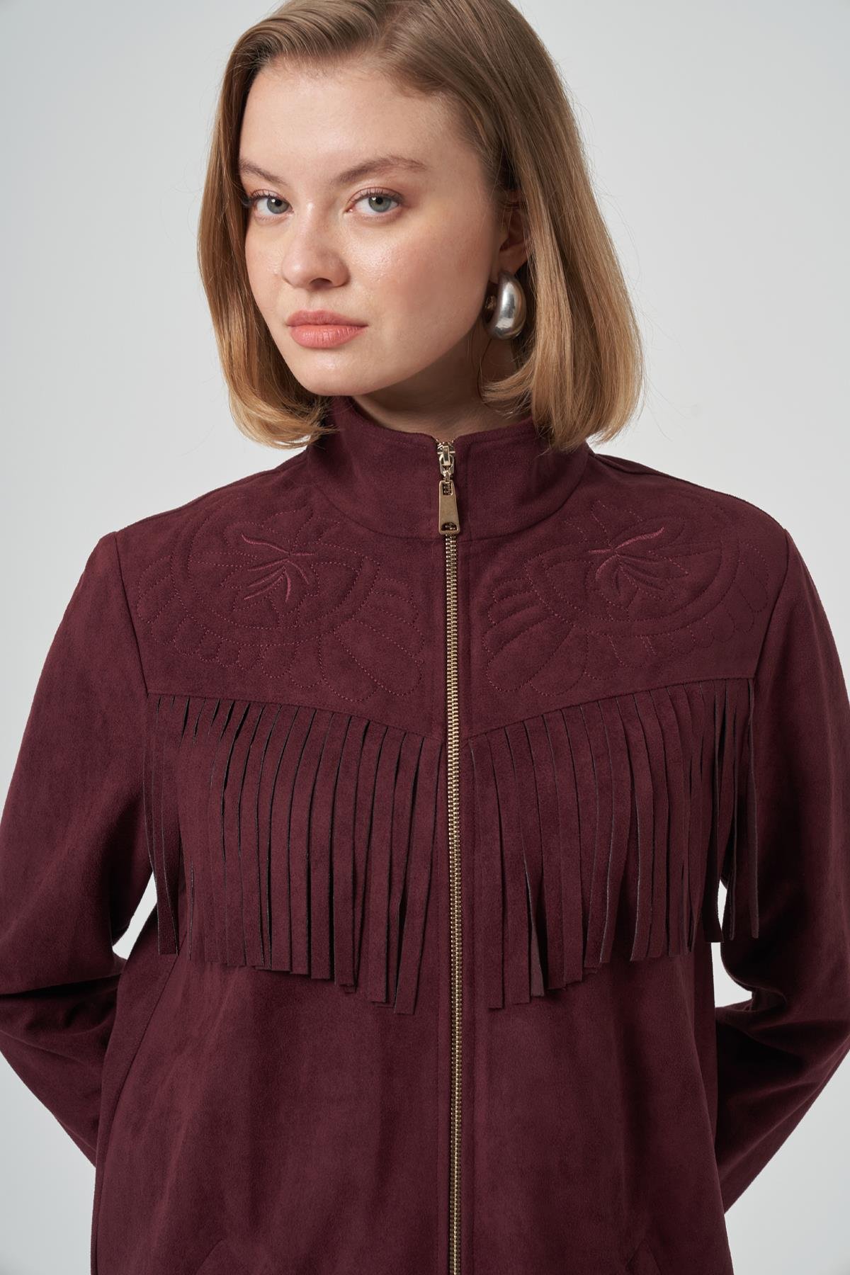 Püskül ve İşleme Detay Süet Ceket 6028 Mürdüm