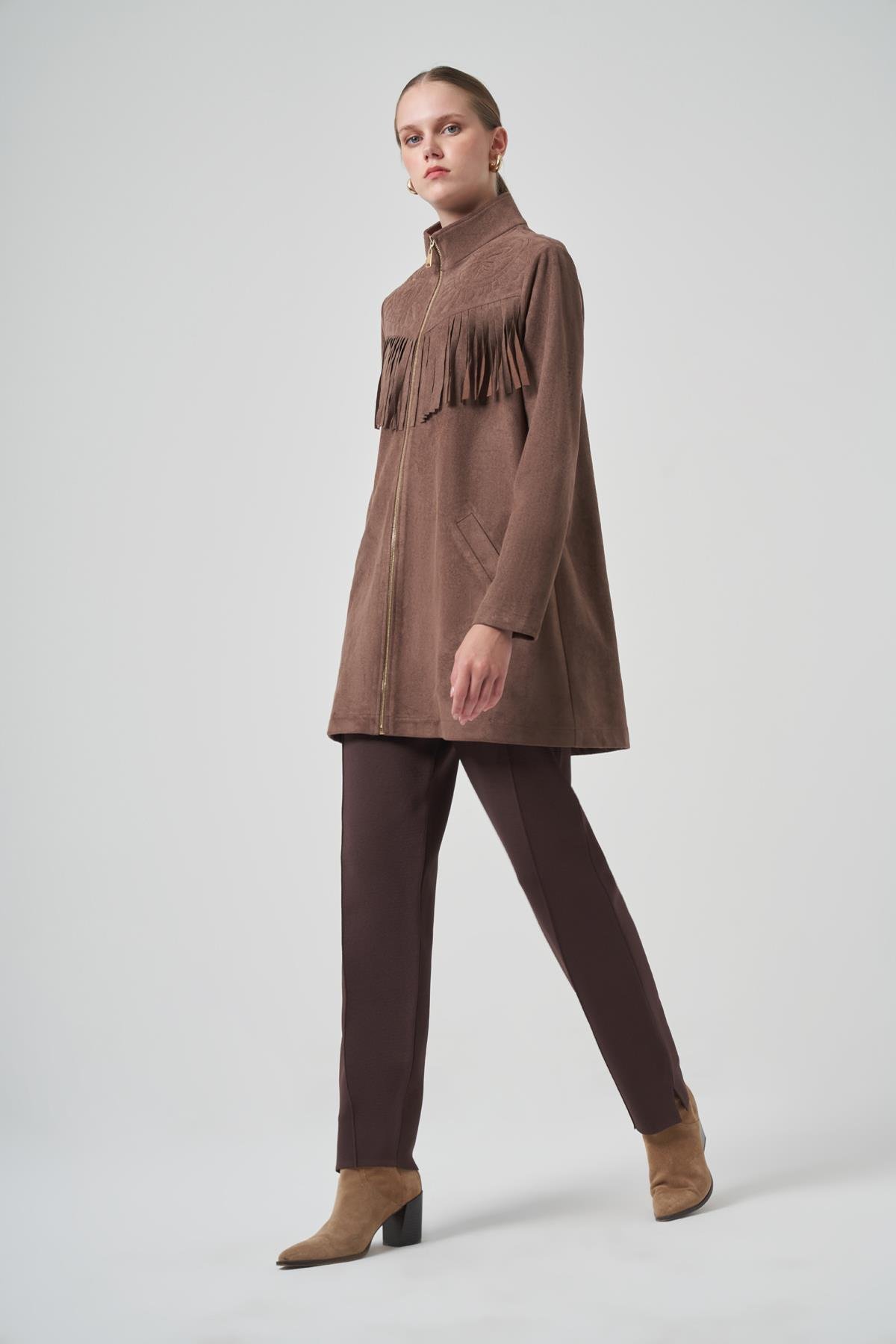 Püskül ve İşleme Detay Süet Ceket 6028 Vizon